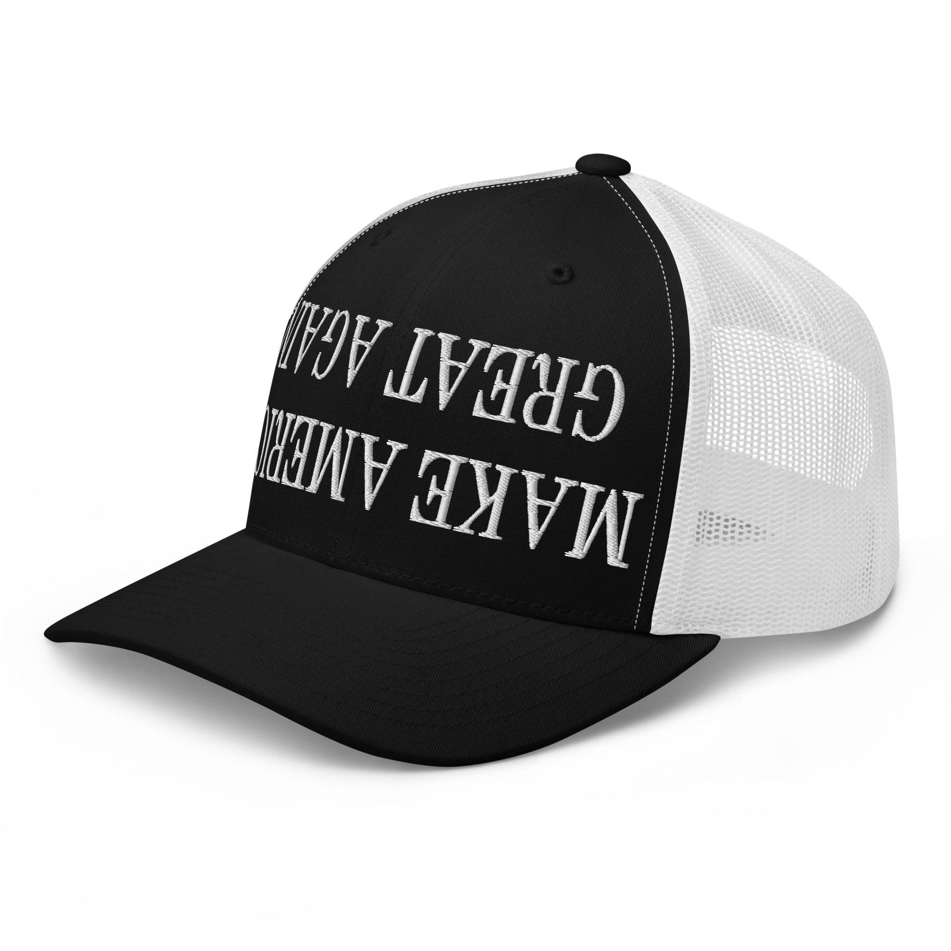 Upside Down Make America Great Again MAGA Embroidered Mesh Trucker Hat Capital Crowns Conservative LADs Make Again Trucker Hats