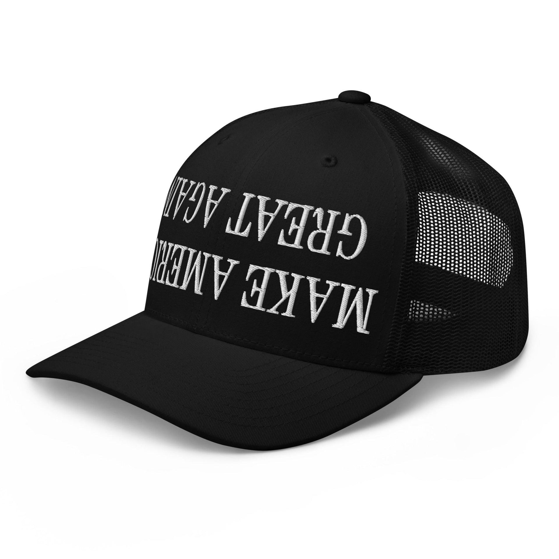 Upside Down Make America Great Again MAGA Embroidered Mesh Trucker Hat Capital Crowns Conservative LADs Make Again Trucker Hats