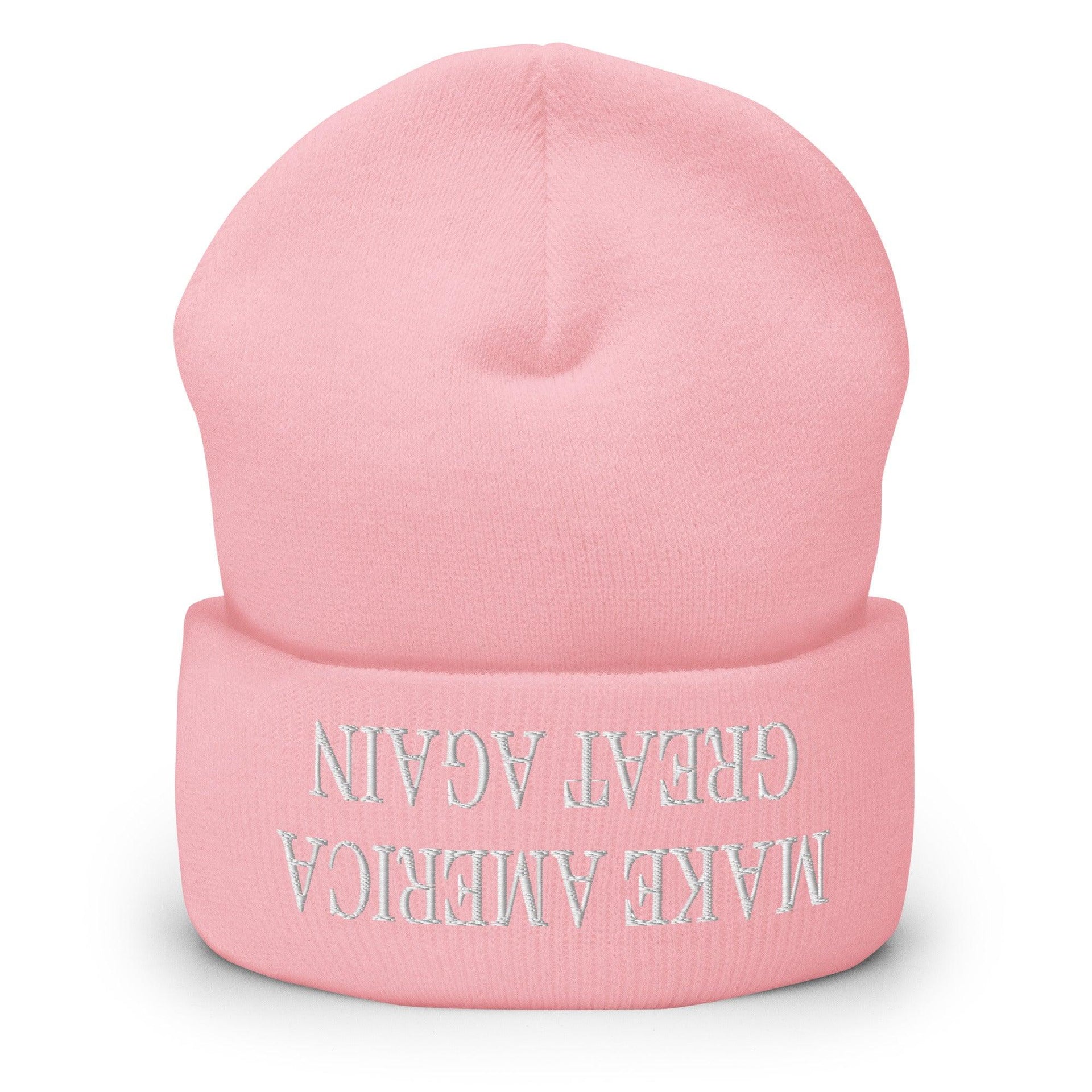 Upside Down Make America Great Again MAGA Knit Cuffed Beanie Baby Pink Beanies Capital Crowns Conservative LADs Make Again