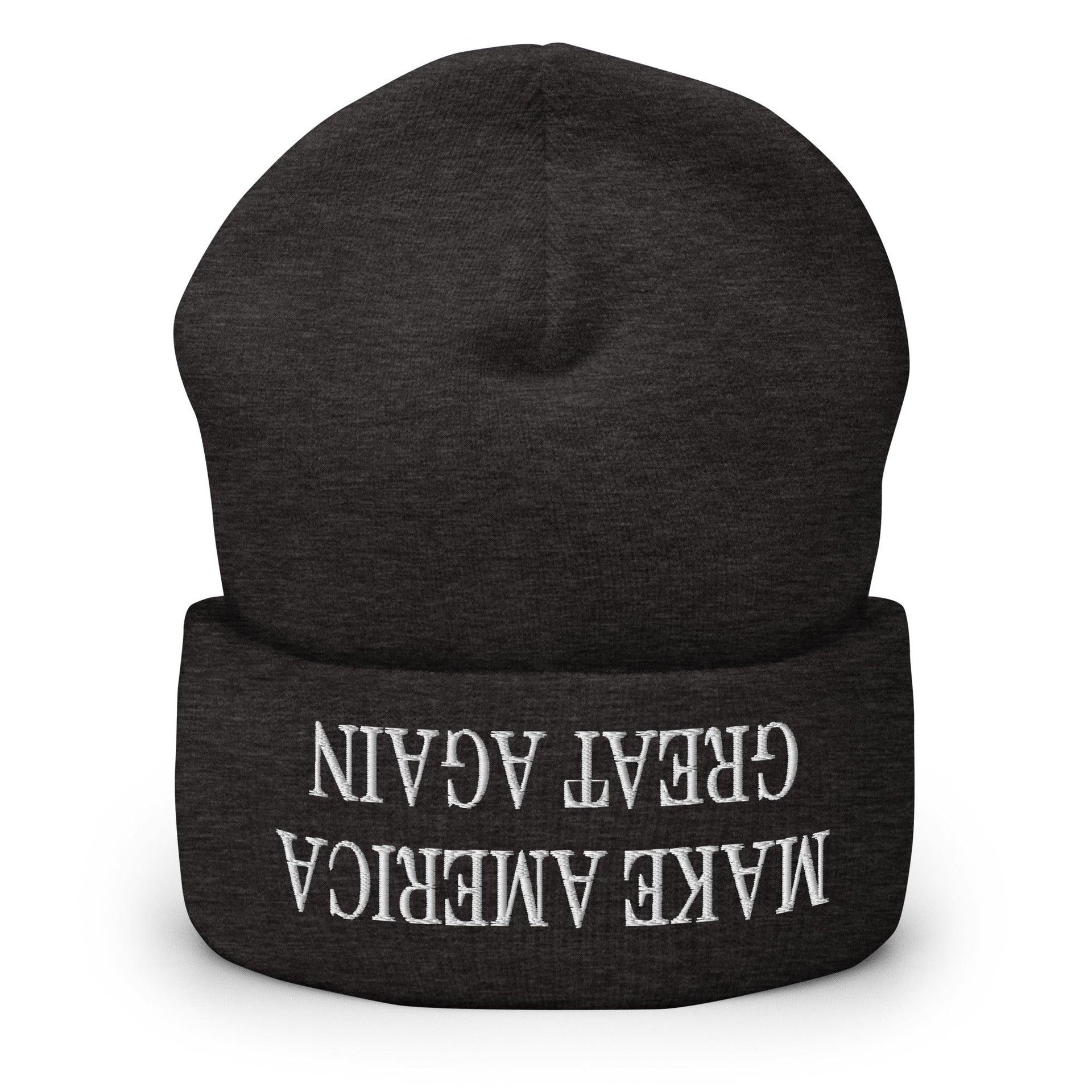 Upside Down Make America Great Again MAGA Knit Cuffed Beanie Dark Grey Beanies Capital Crowns Conservative LADs Make Again