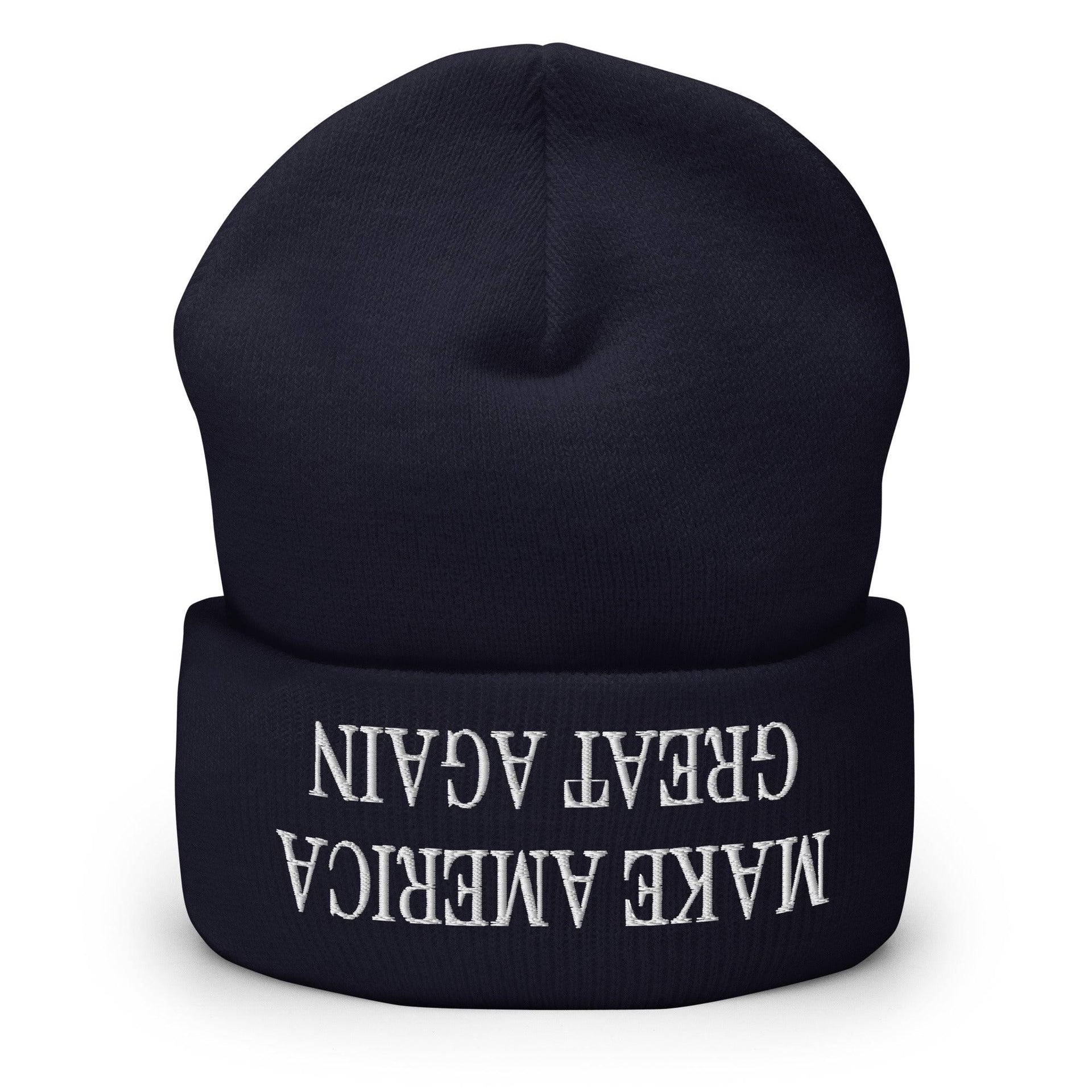 Upside Down Make America Great Again MAGA Knit Cuffed Beanie Navy Beanies Capital Crowns Conservative LADs Make Again
