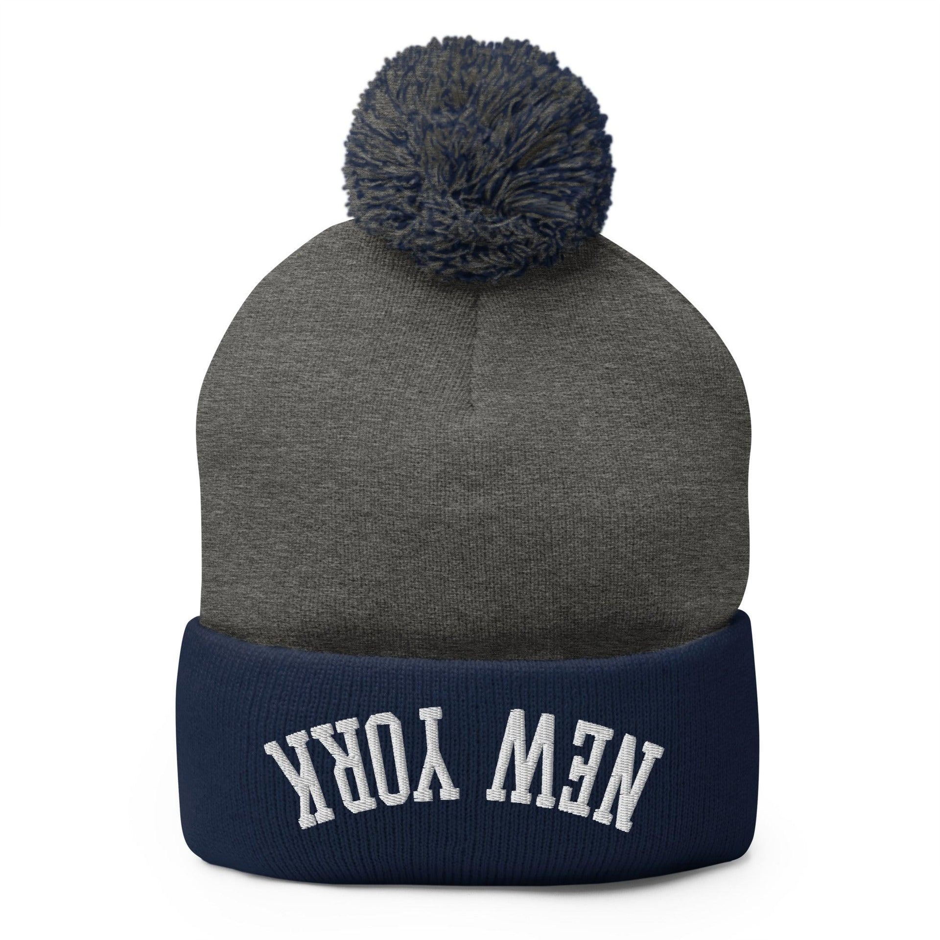 Upside Down New York Embroidered Knit Pom Pom Beanie Dark Heather Grey Navy Beanies Capital Crowns New York City NY NYC