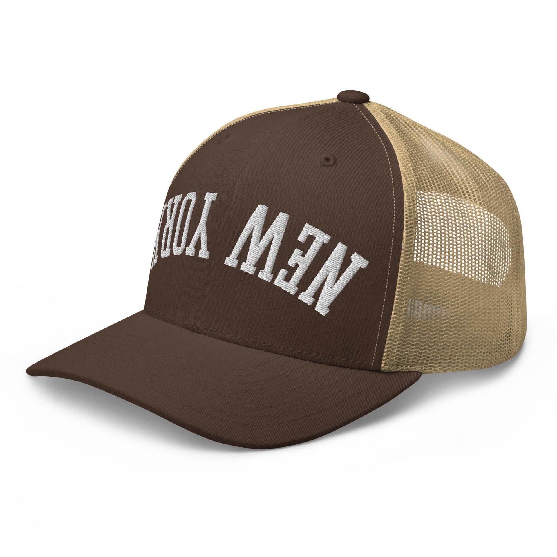 Upside Down New York Varsity Letterman Embroidered Mesh Trucker Hat Capital Crowns New York City NY NYC Trucker Hats