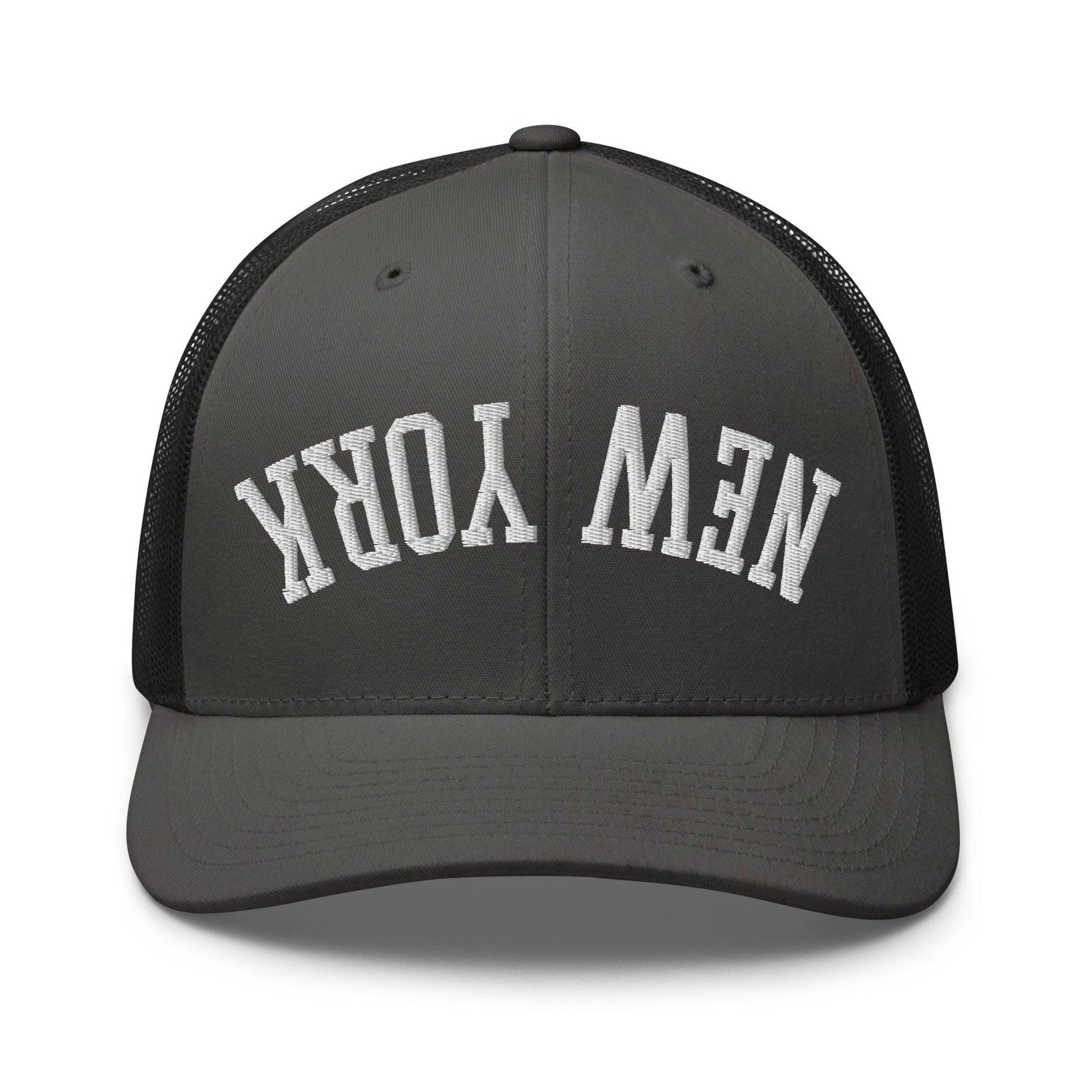 Upside Down New York Varsity Letterman Embroidered Mesh Trucker Hat Charcoal Black Capital Crowns New York City NY NYC Trucker Hats