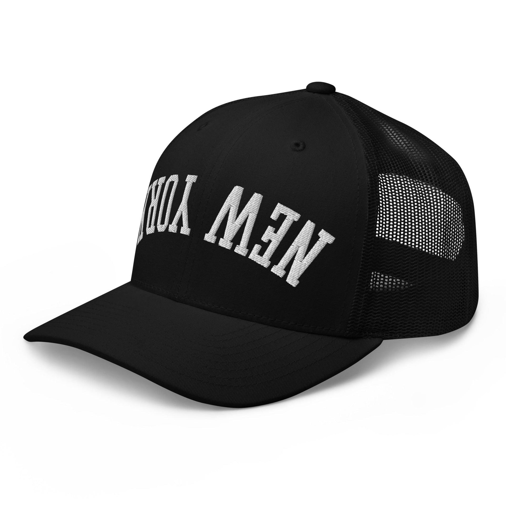 Upside Down New York Varsity Letterman Embroidered Mesh Trucker Hat Capital Crowns New York City NY NYC Trucker Hats