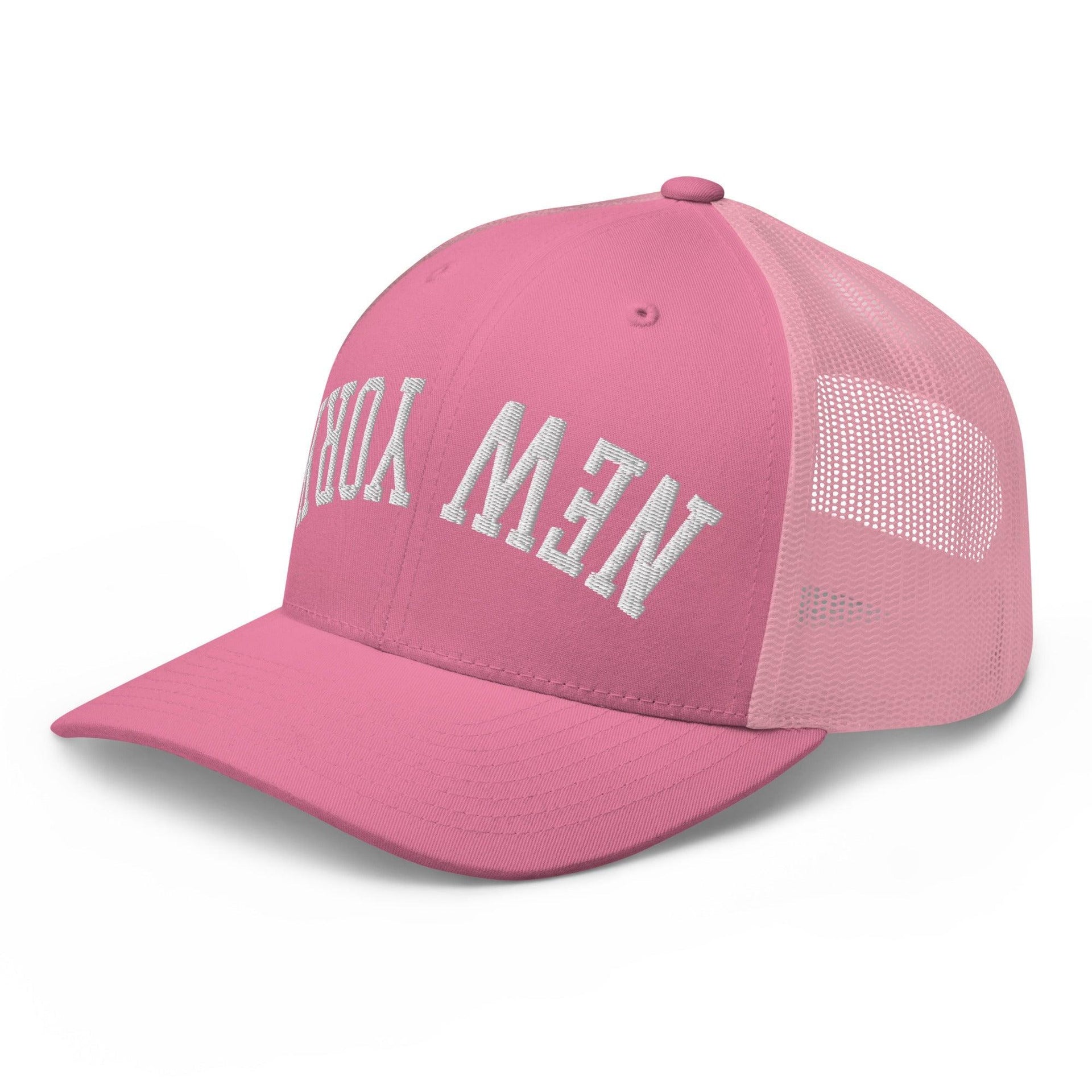 Upside Down New York Varsity Letterman Embroidered Mesh Trucker Hat Capital Crowns New York City NY NYC Trucker Hats