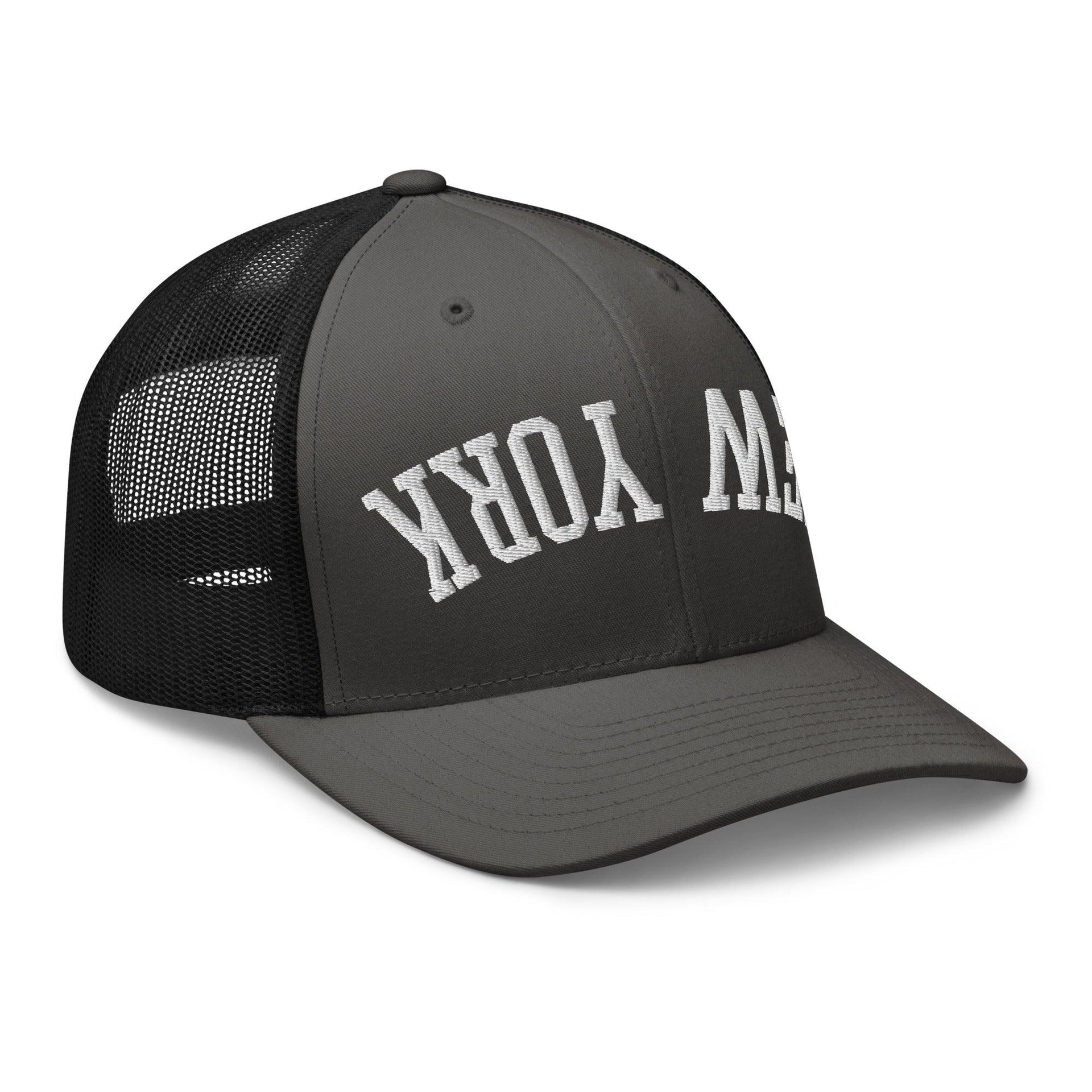 Upside Down New York Varsity Letterman Embroidered Mesh Trucker Hat Capital Crowns New York City NY NYC Trucker Hats