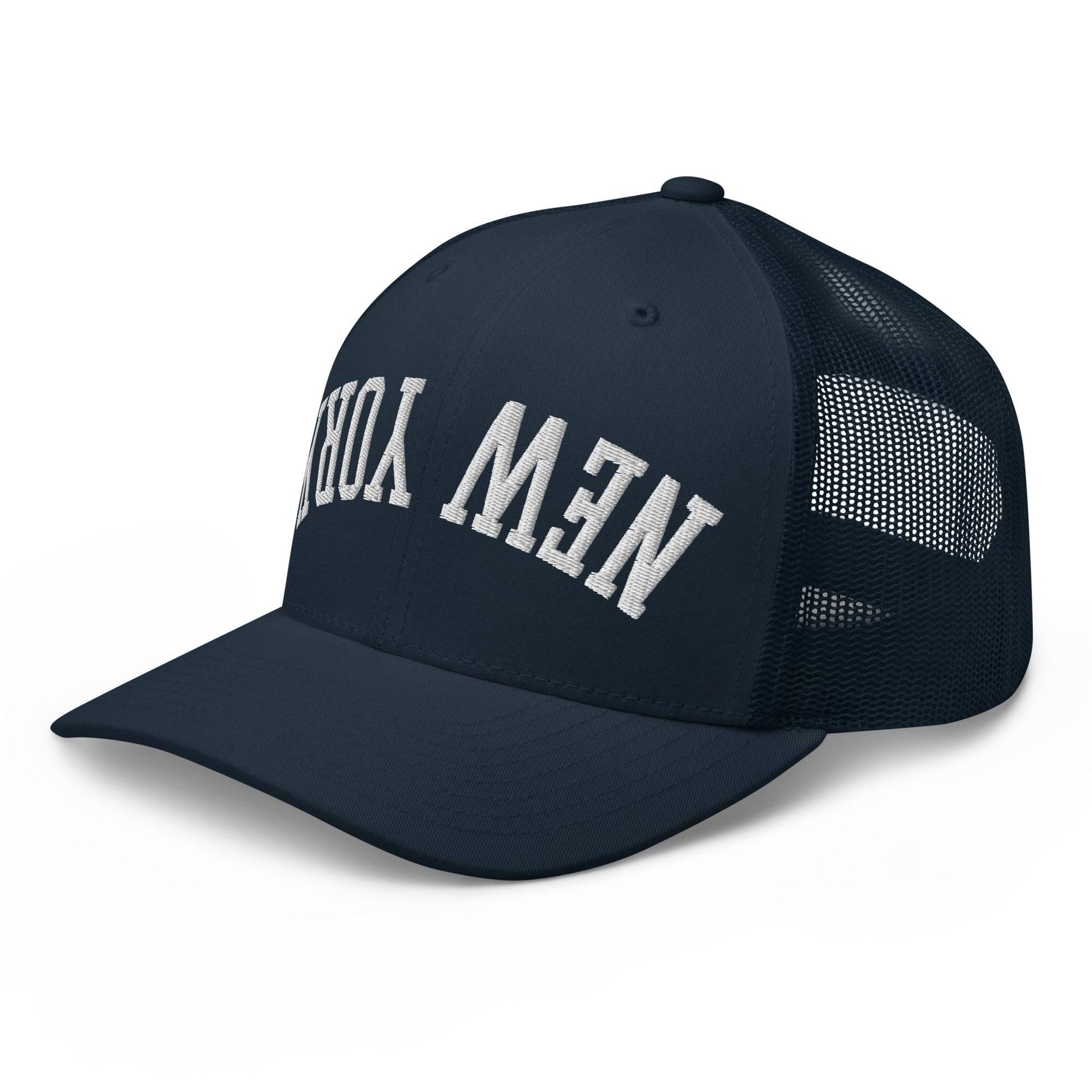 Upside Down New York Varsity Letterman Embroidered Mesh Trucker Hat Capital Crowns New York City NY NYC Trucker Hats