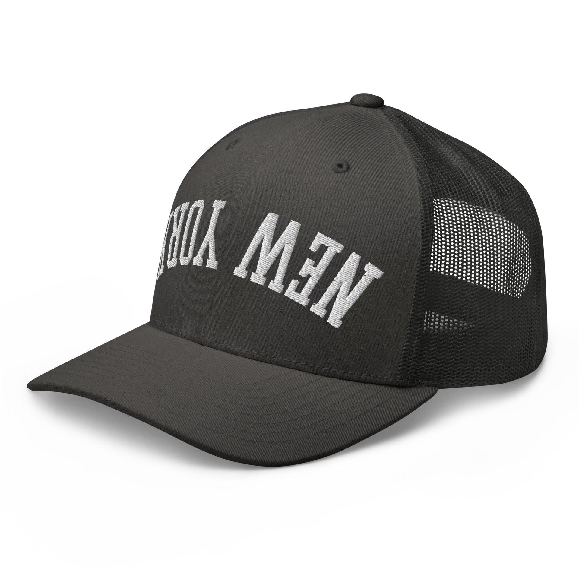 Upside Down New York Varsity Letterman Embroidered Mesh Trucker Hat Capital Crowns New York City NY NYC Trucker Hats