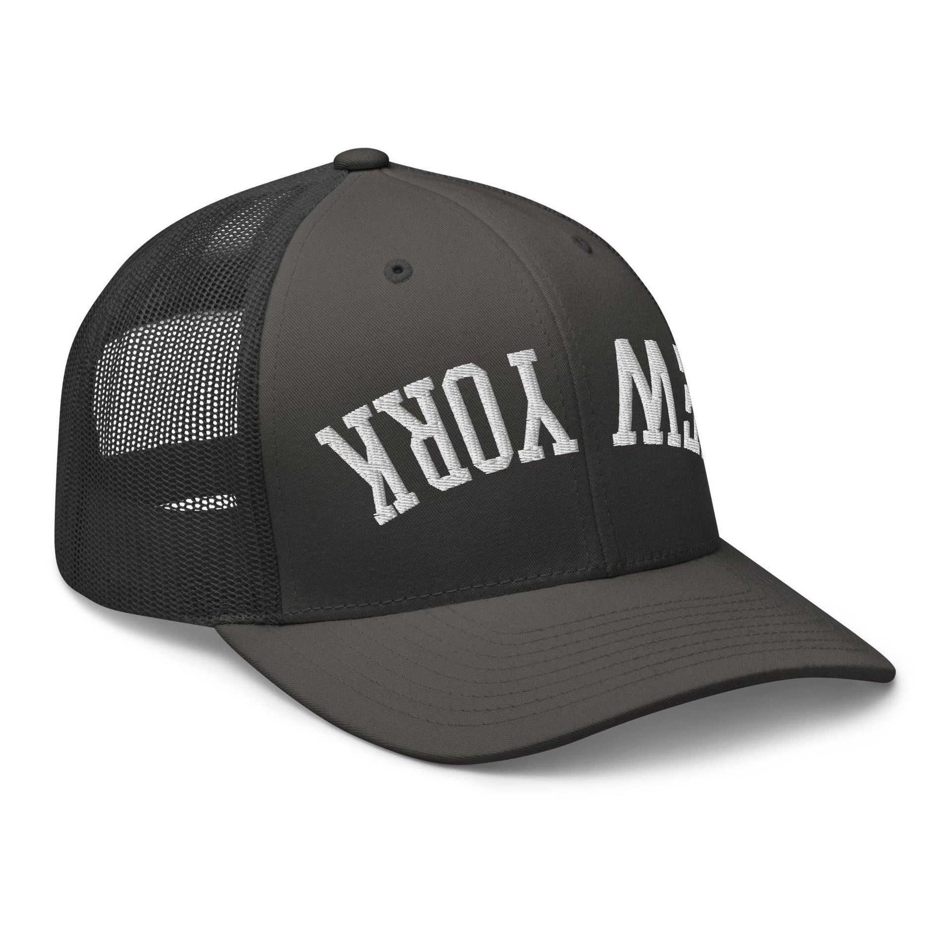 Upside Down New York Varsity Letterman Embroidered Mesh Trucker Hat Capital Crowns New York City NY NYC Trucker Hats