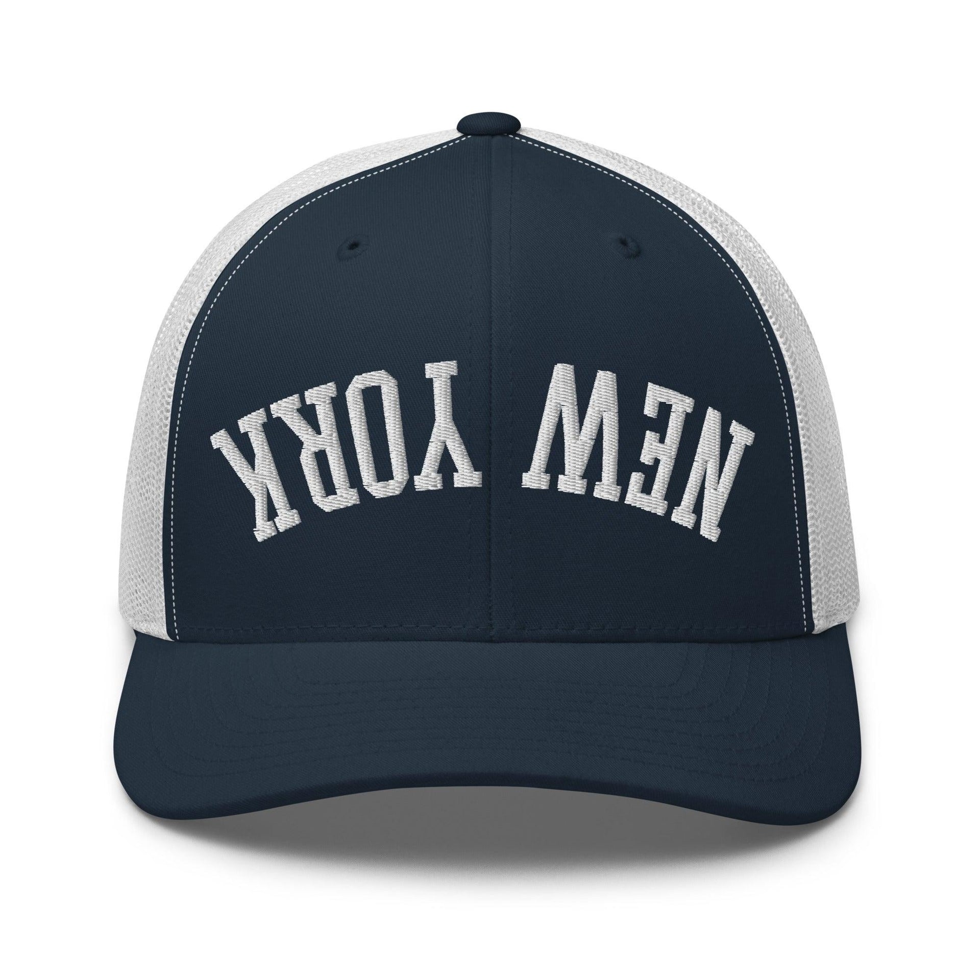 Upside Down New York Varsity Letterman Embroidered Mesh Trucker Hat Navy White Capital Crowns New York City NY NYC Trucker Hats