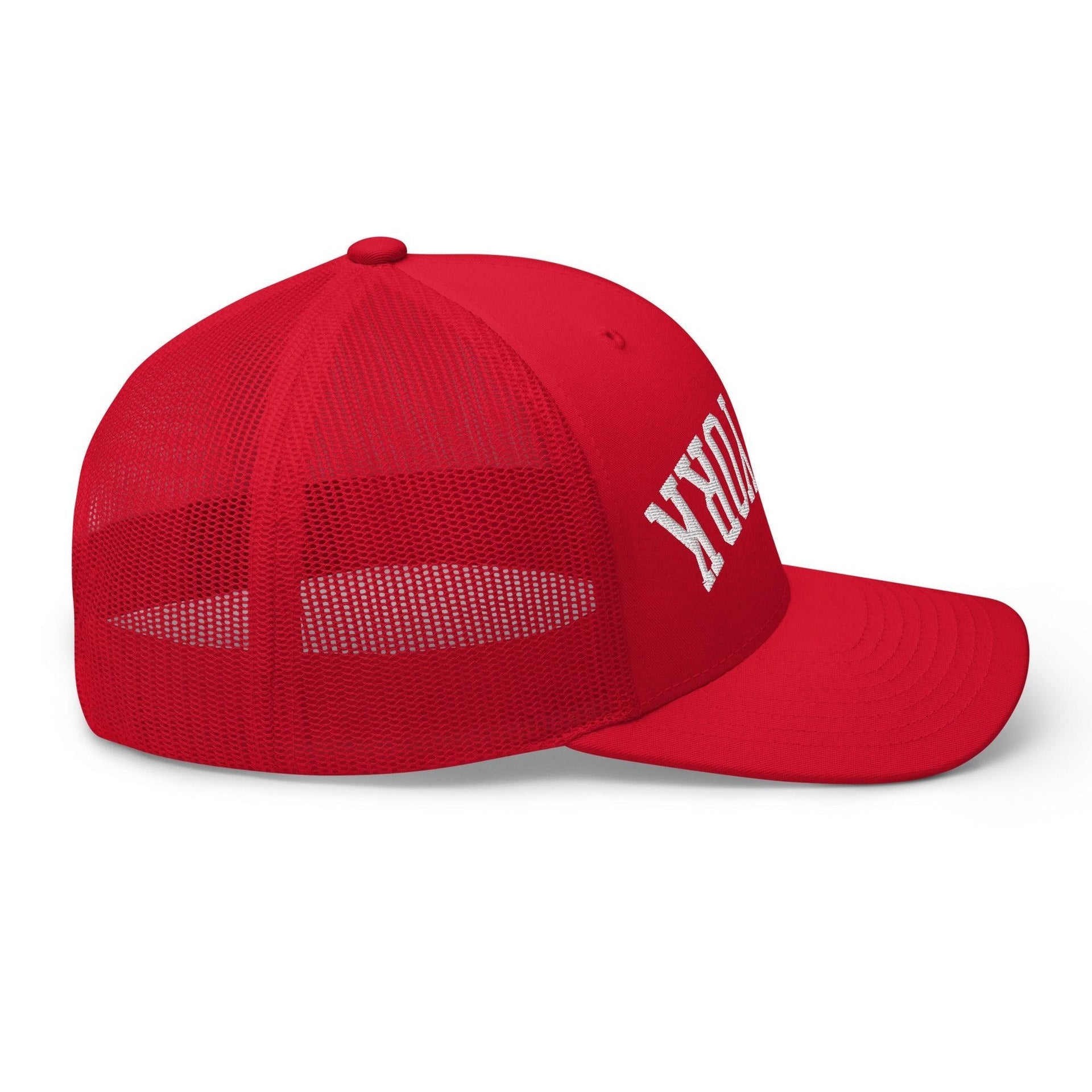 Upside Down New York Varsity Letterman Embroidered Mesh Trucker Hat Capital Crowns New York City NY NYC Trucker Hats