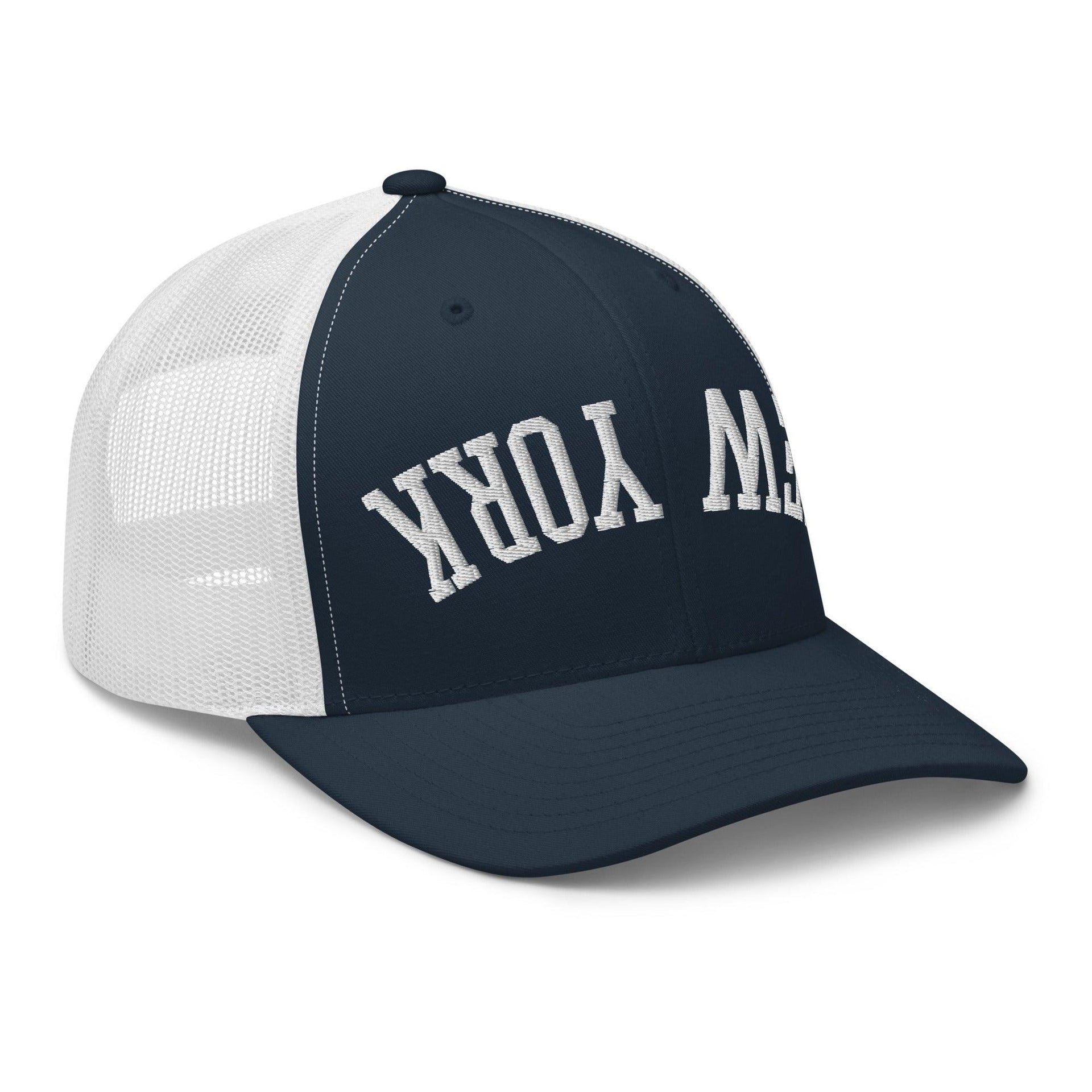 Upside Down New York Varsity Letterman Embroidered Mesh Trucker Hat Capital Crowns New York City NY NYC Trucker Hats