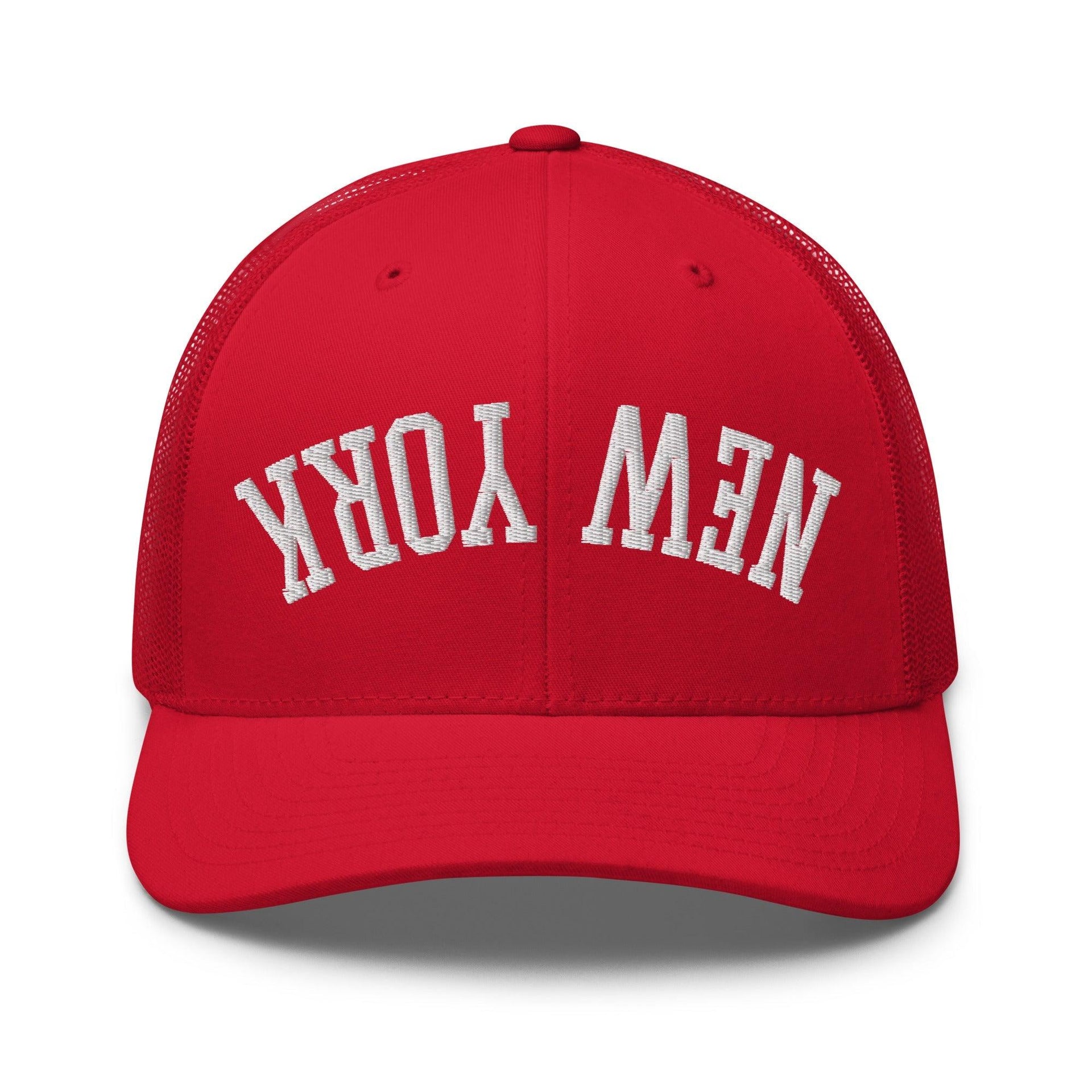 Upside Down New York Varsity Letterman Embroidered Mesh Trucker Hat Red Capital Crowns New York City NY NYC Trucker Hats