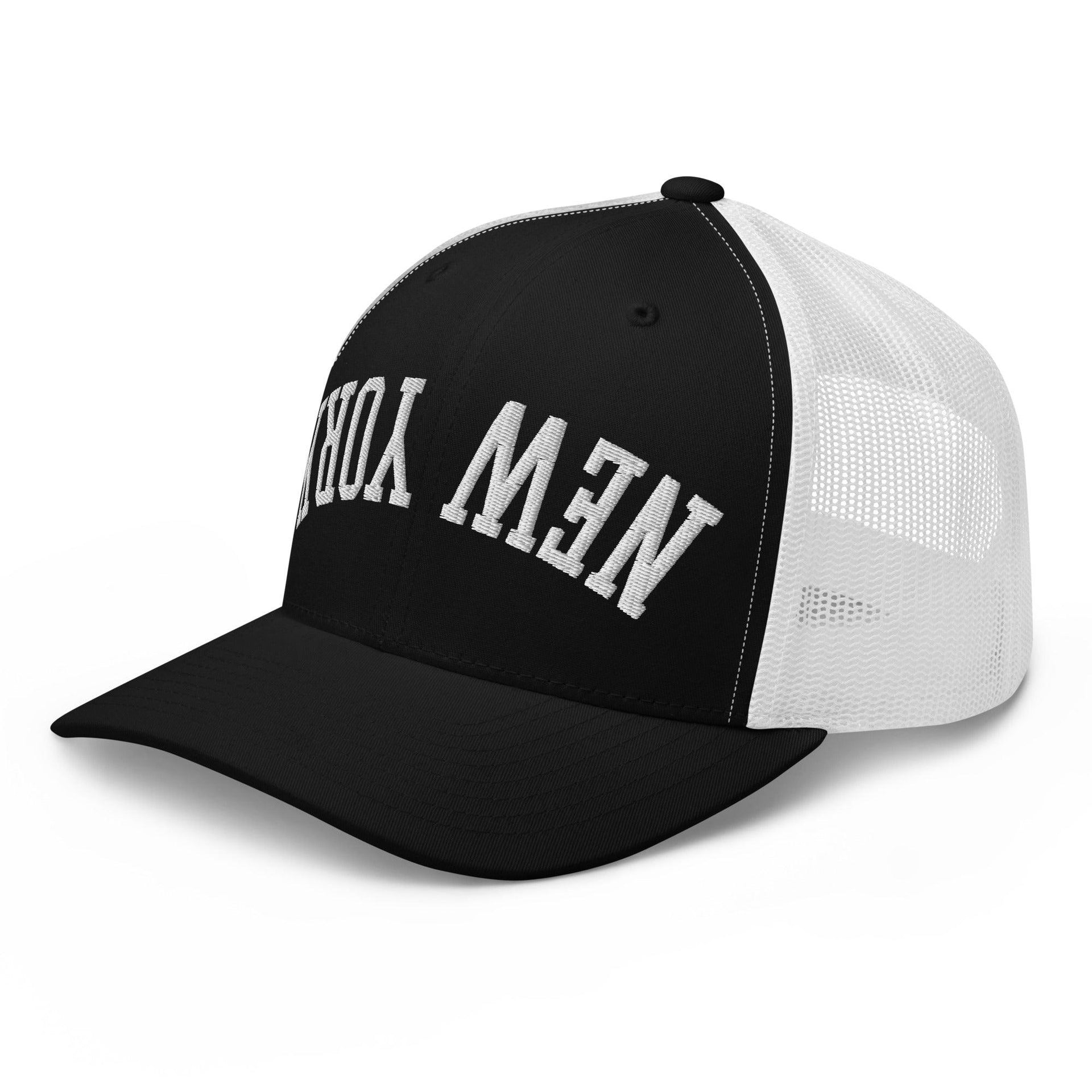 Upside Down New York Varsity Letterman Embroidered Mesh Trucker Hat Capital Crowns New York City NY NYC Trucker Hats