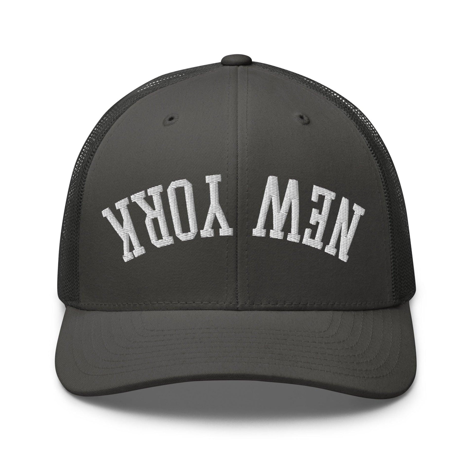 Upside Down New York Varsity Letterman Embroidered Mesh Trucker Hat Charcoal Capital Crowns New York City NY NYC Trucker Hats