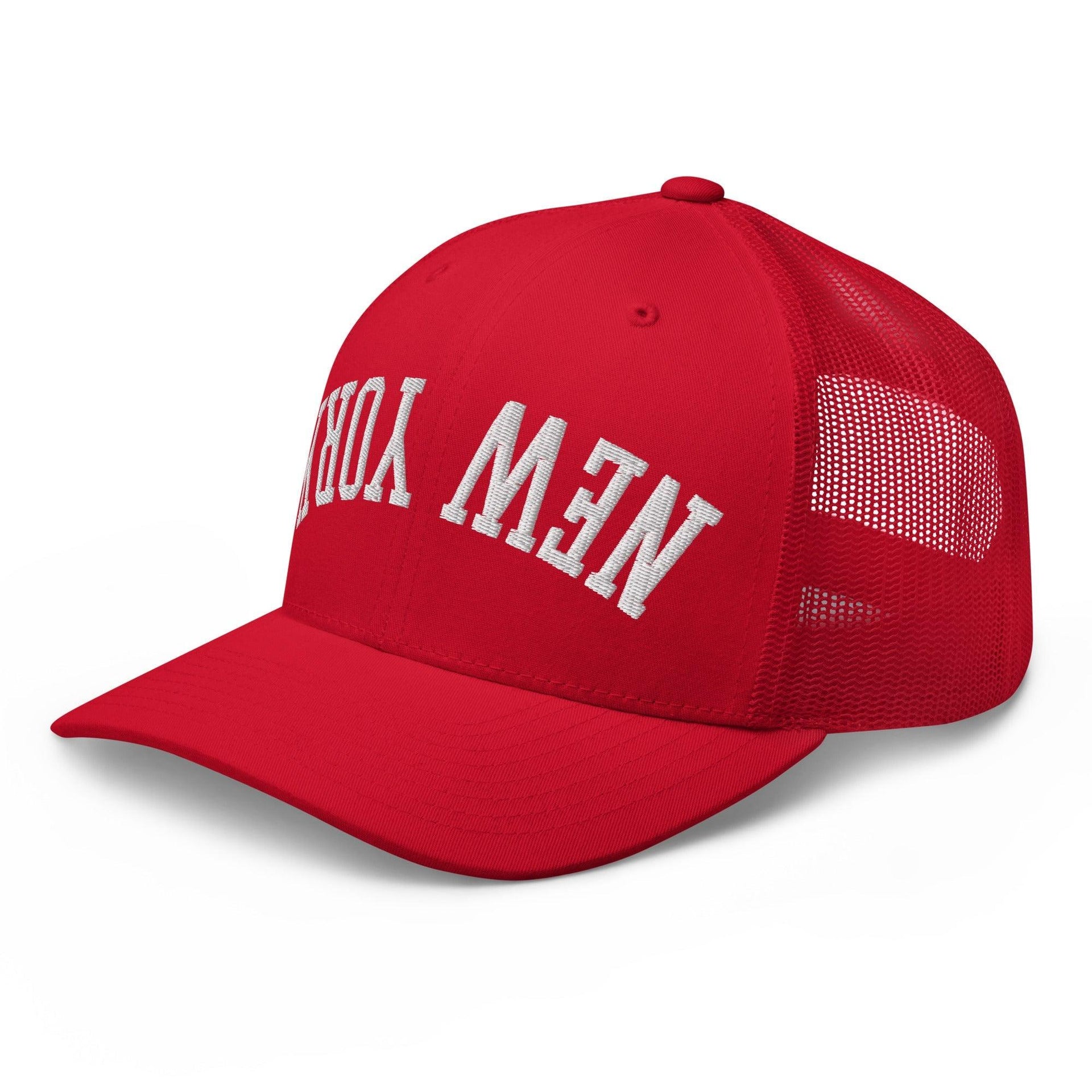 Upside Down New York Varsity Letterman Embroidered Mesh Trucker Hat Capital Crowns New York City NY NYC Trucker Hats