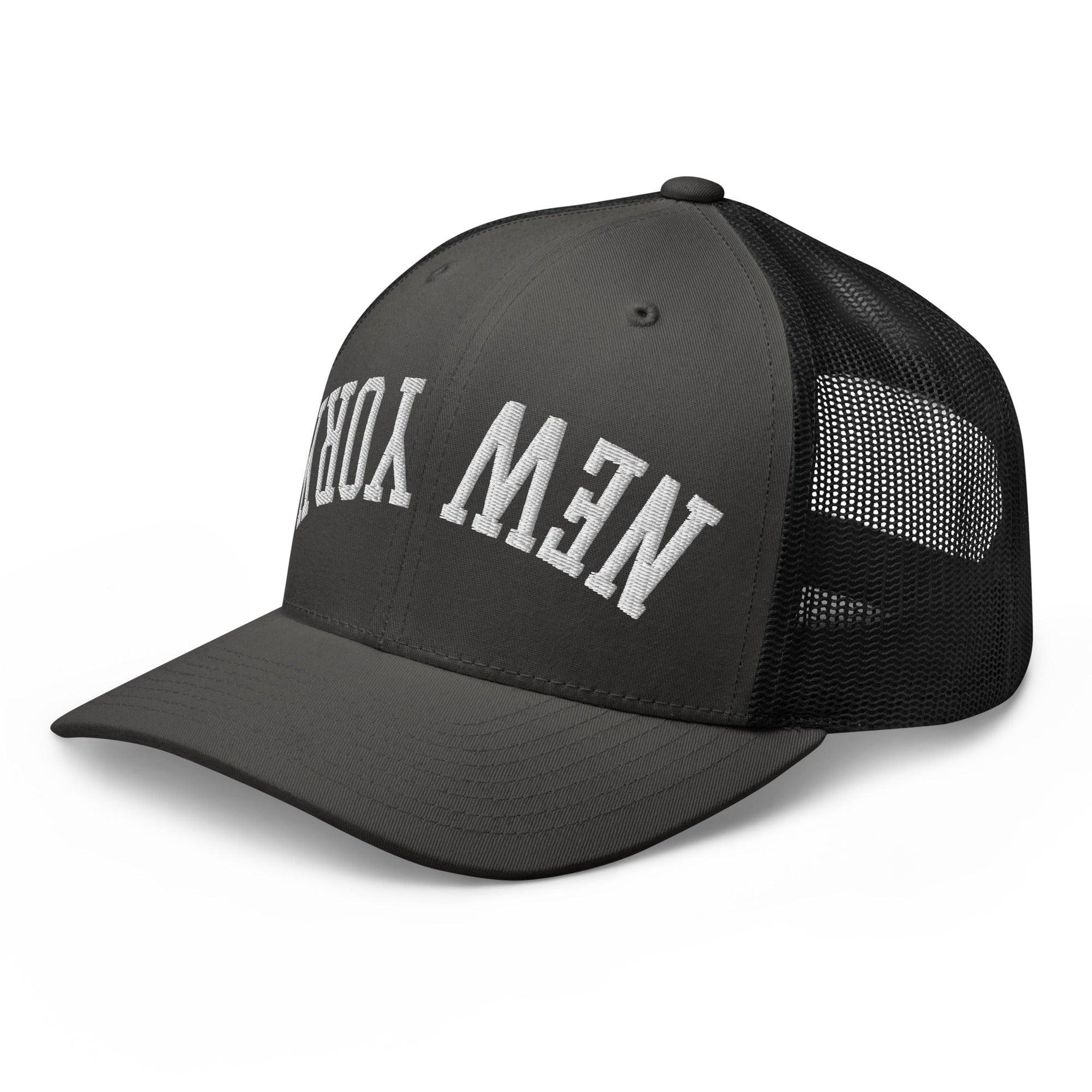 Upside Down New York Varsity Letterman Embroidered Mesh Trucker Hat Capital Crowns New York City NY NYC Trucker Hats