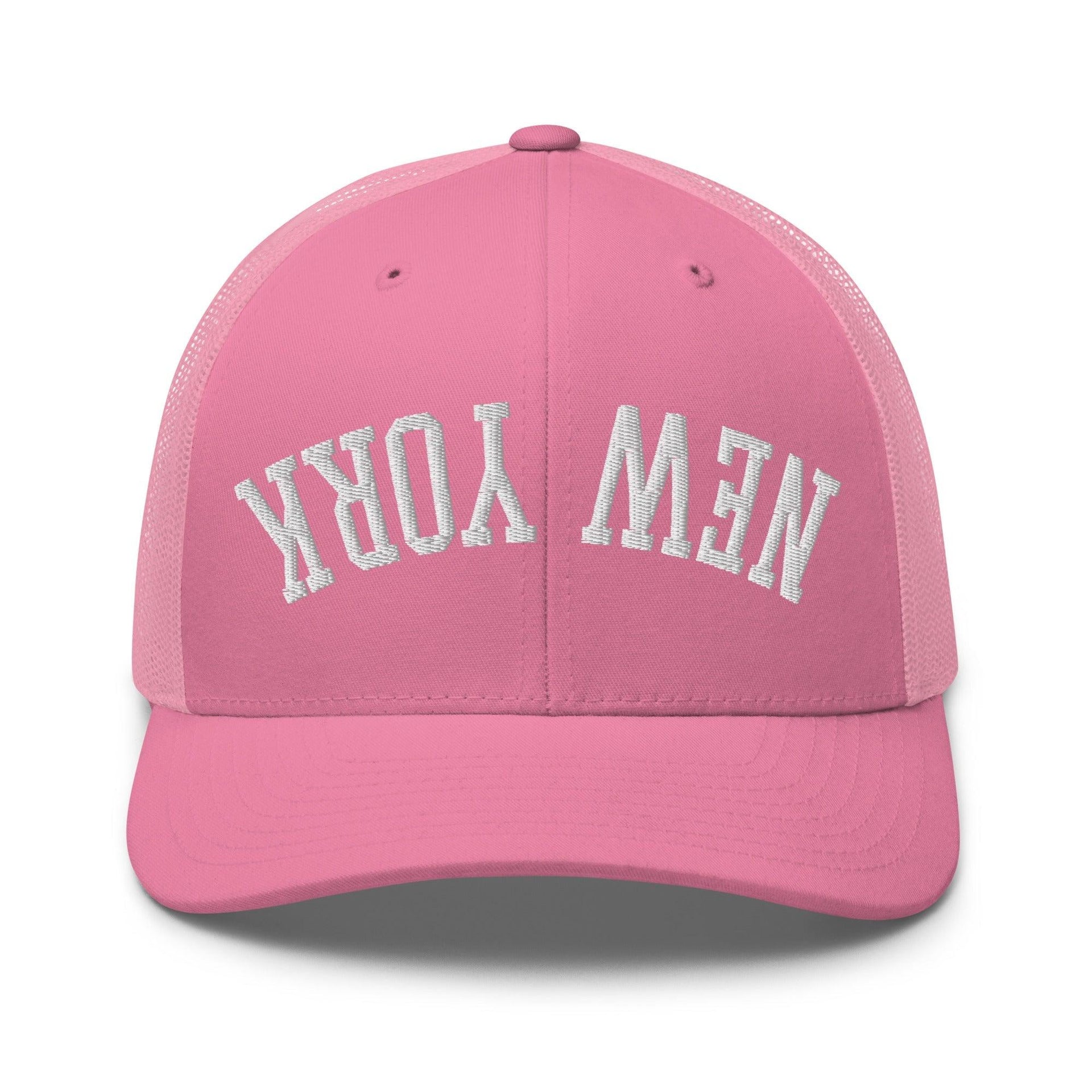 Upside Down New York Varsity Letterman Embroidered Mesh Trucker Hat Pink Capital Crowns New York City NY NYC Trucker Hats