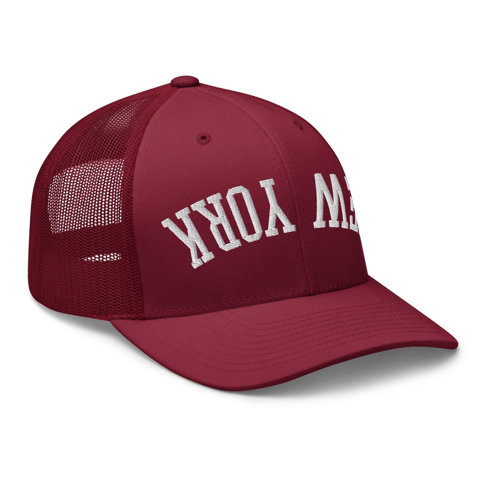 Upside Down New York Varsity Letterman Embroidered Mesh Trucker Hat Capital Crowns New York City NY NYC Trucker Hats