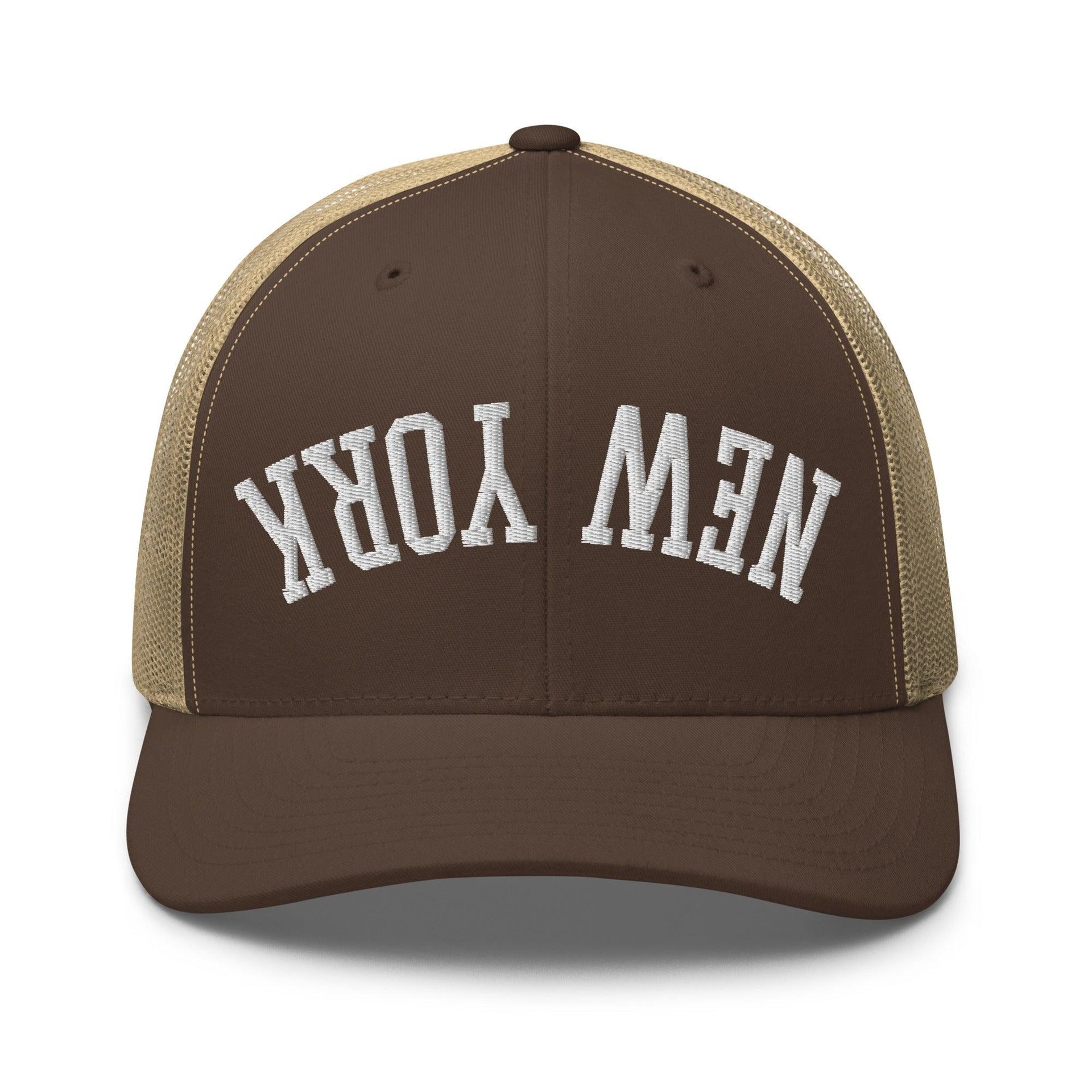 Upside Down New York Varsity Letterman Embroidered Mesh Trucker Hat Brown Khaki Capital Crowns New York City NY NYC Trucker Hats