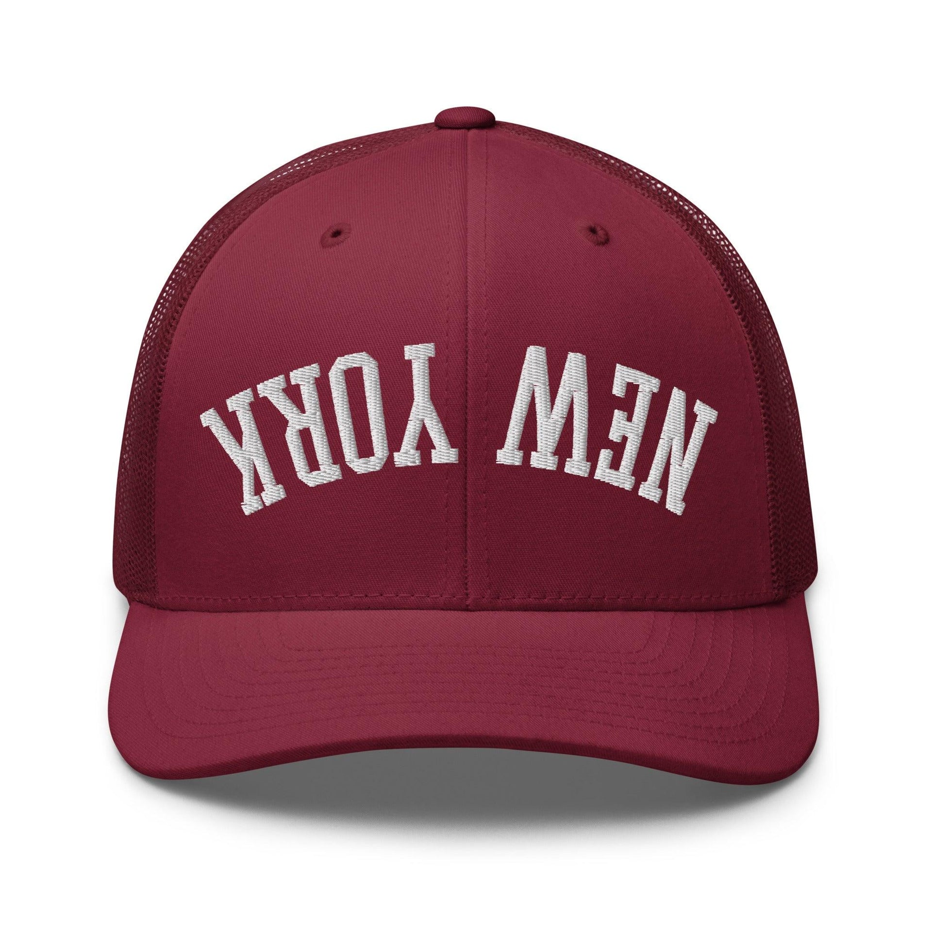 Upside Down New York Varsity Letterman Embroidered Mesh Trucker Hat Cranberry Capital Crowns New York City NY NYC Trucker Hats