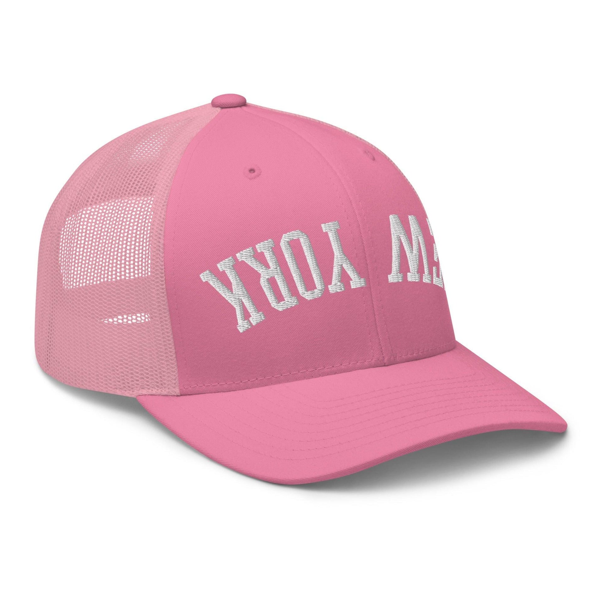 Upside Down New York Varsity Letterman Embroidered Mesh Trucker Hat Capital Crowns New York City NY NYC Trucker Hats