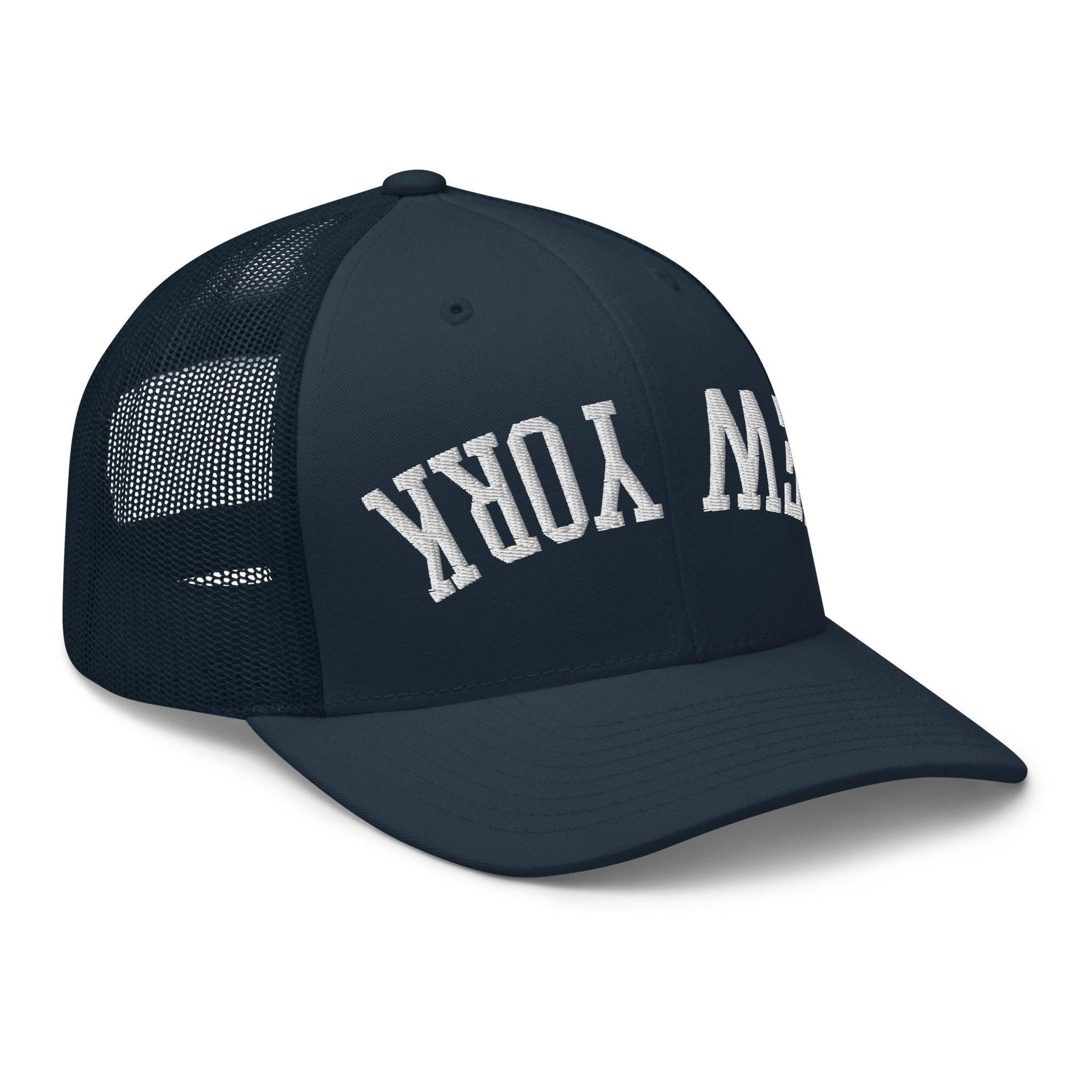 Upside Down New York Varsity Letterman Embroidered Mesh Trucker Hat Capital Crowns New York City NY NYC Trucker Hats