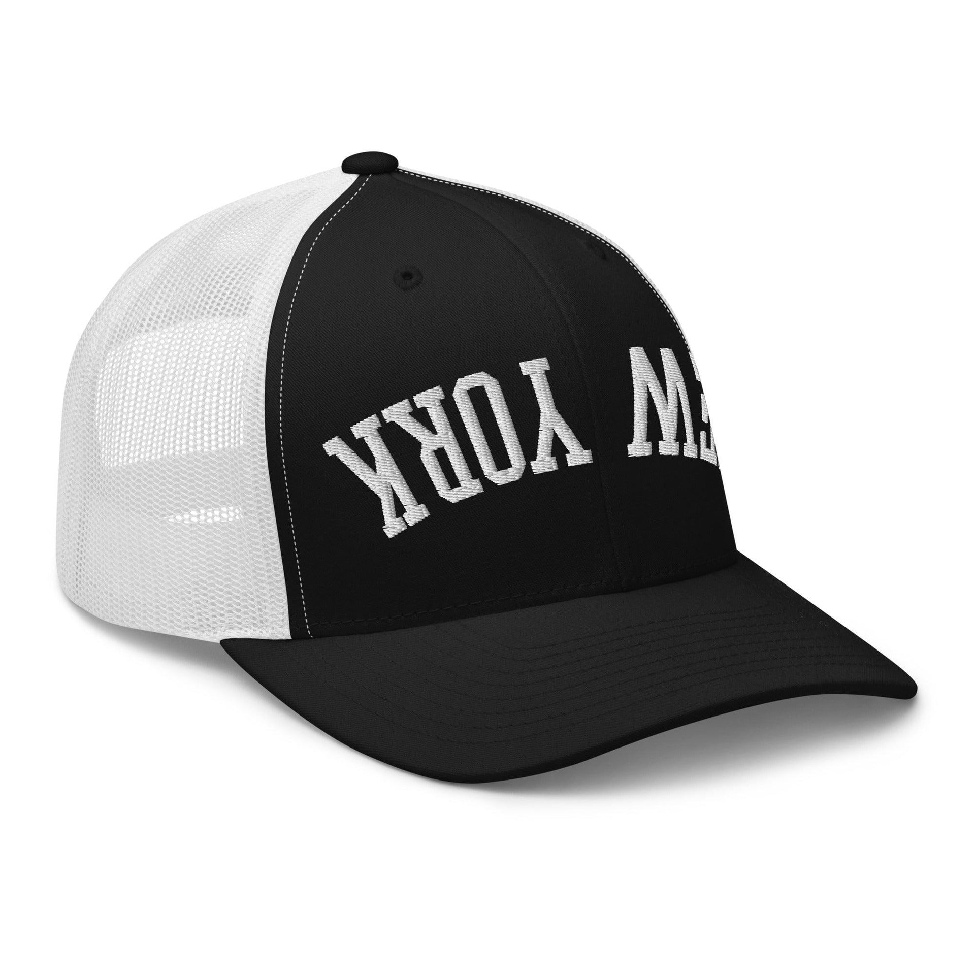 Upside Down New York Varsity Letterman Embroidered Mesh Trucker Hat Capital Crowns New York City NY NYC Trucker Hats