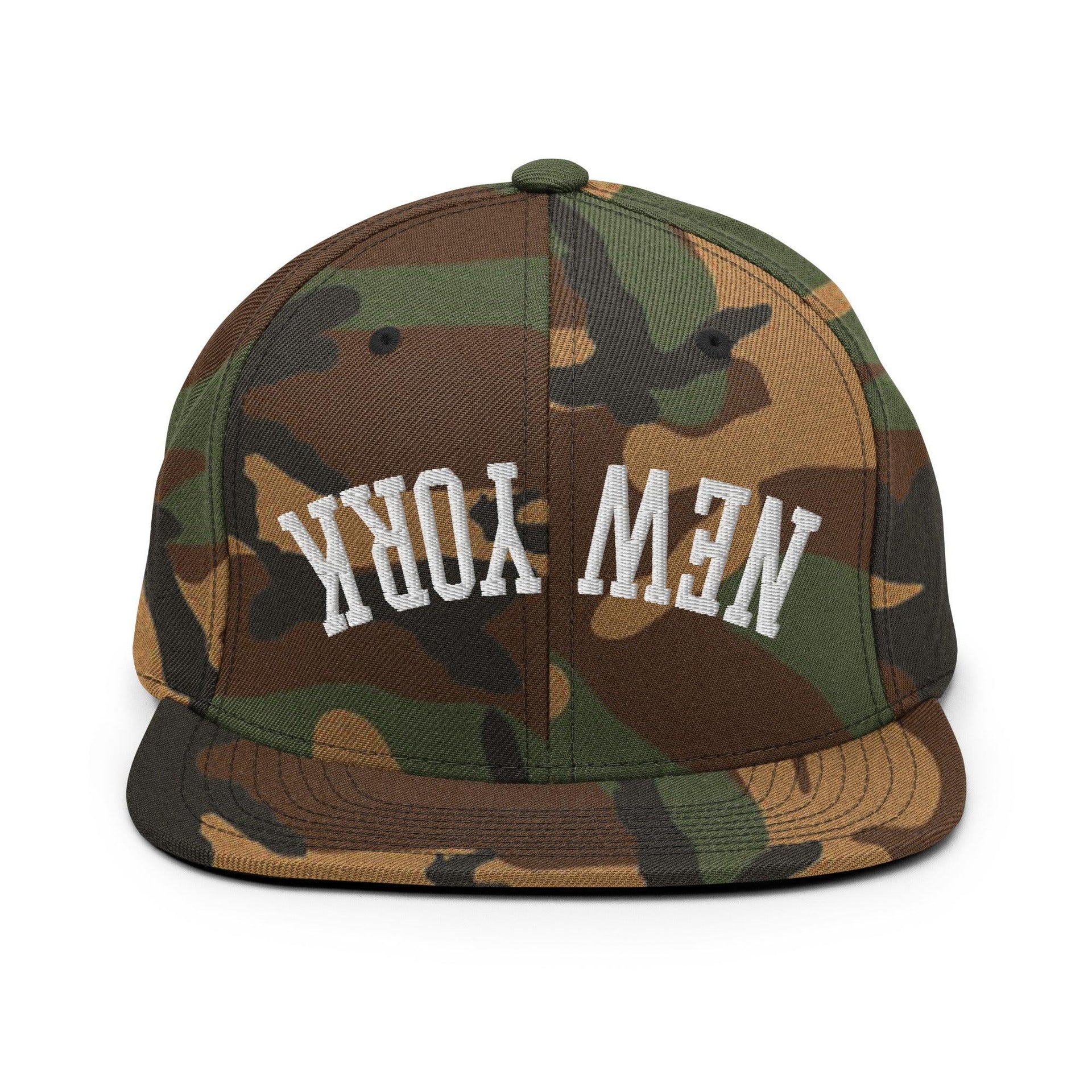 Upside Down New York Varsity Letterman Flat Bill Brim Snapback Hat Green Camo Capital Crowns New York City NY NYC Snapback Hats