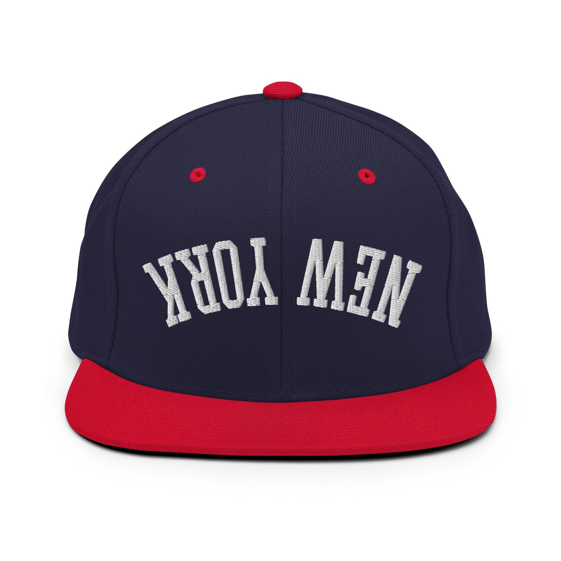 Upside Down New York Varsity Letterman Flat Bill Brim Snapback Hat Navy Red Capital Crowns New York City NY NYC Snapback Hats