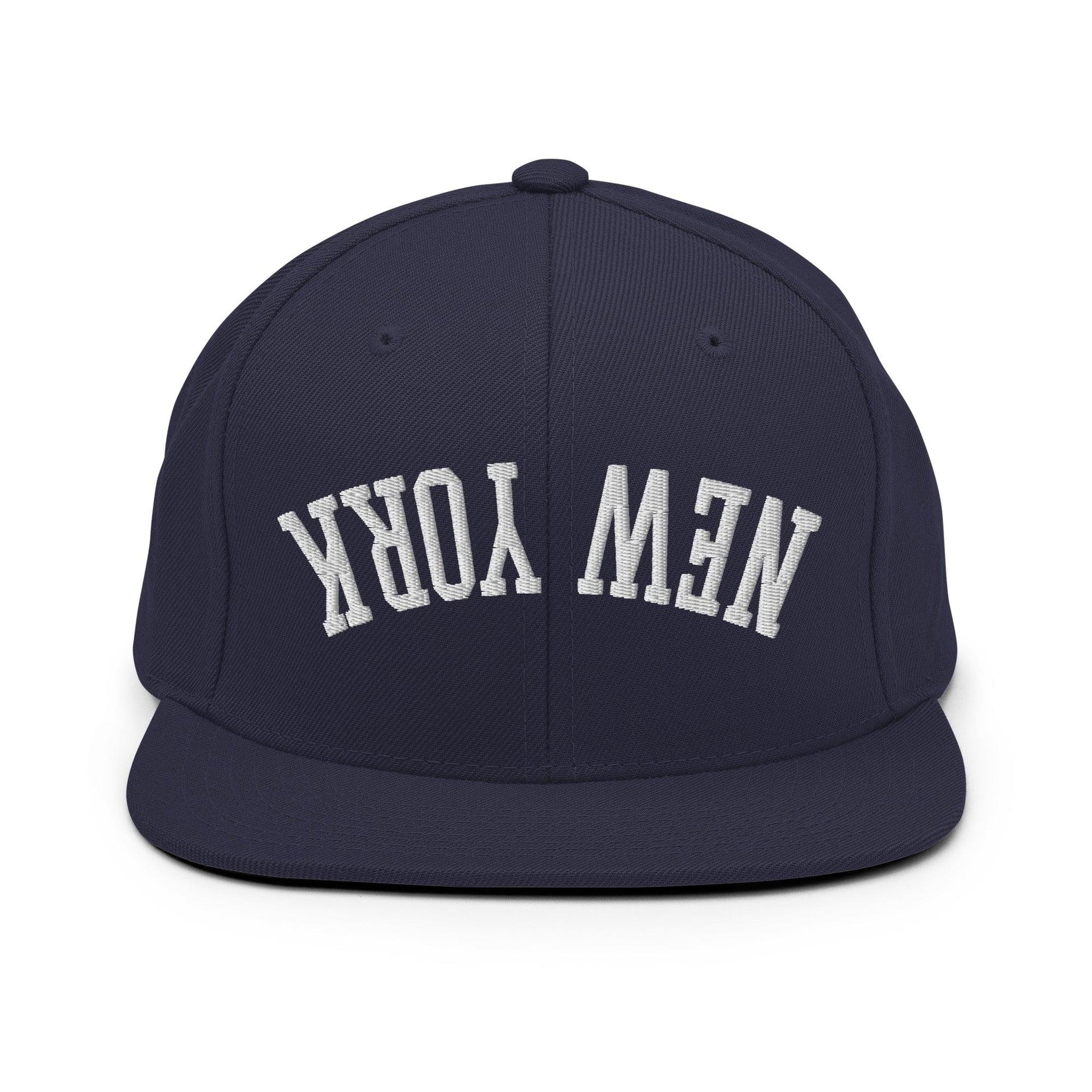 Upside Down New York Varsity Letterman Flat Bill Brim Snapback Hat Navy Capital Crowns New York City NY NYC Snapback Hats