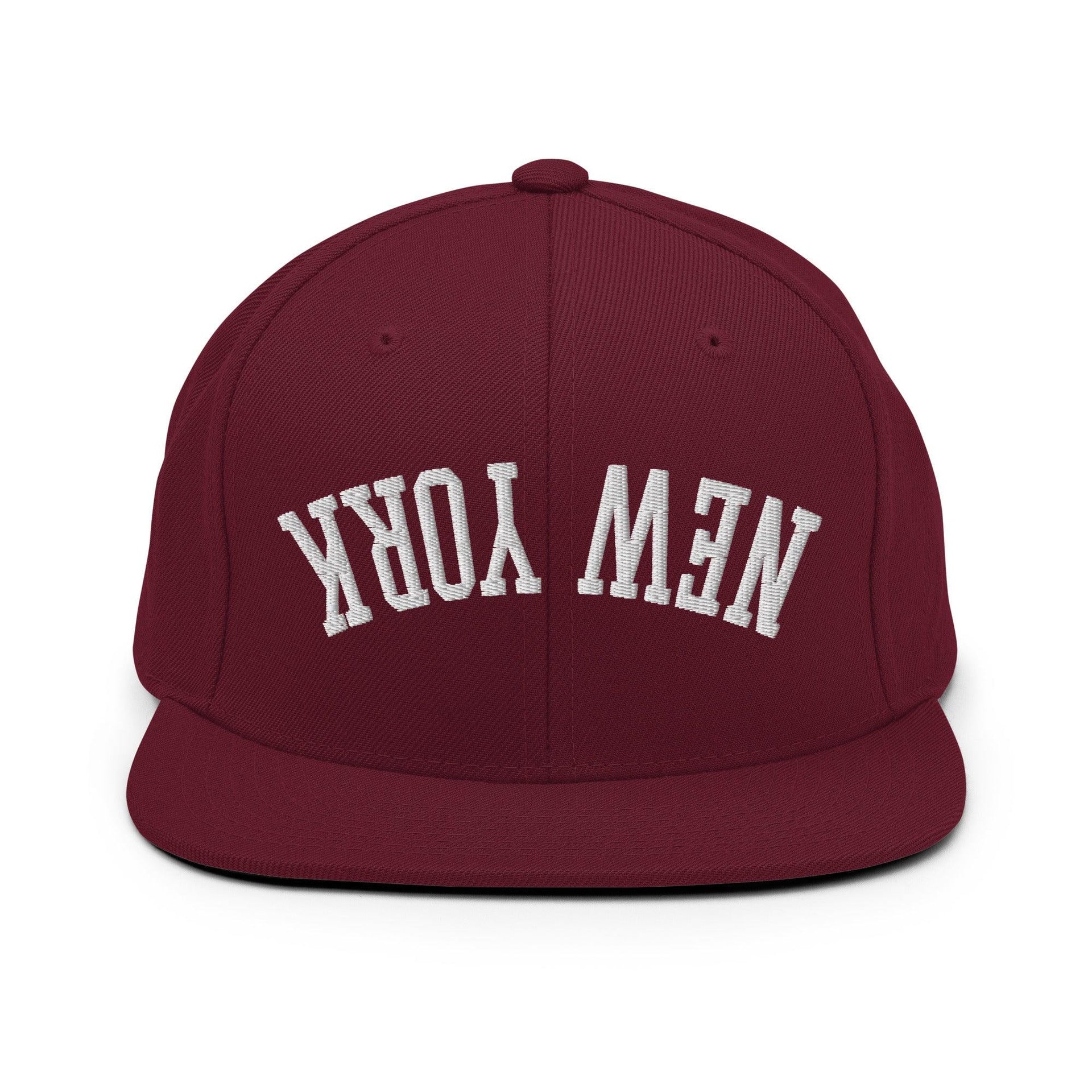 Upside Down New York Varsity Letterman Flat Bill Brim Snapback Hat Maroon Capital Crowns New York City NY NYC Snapback Hats