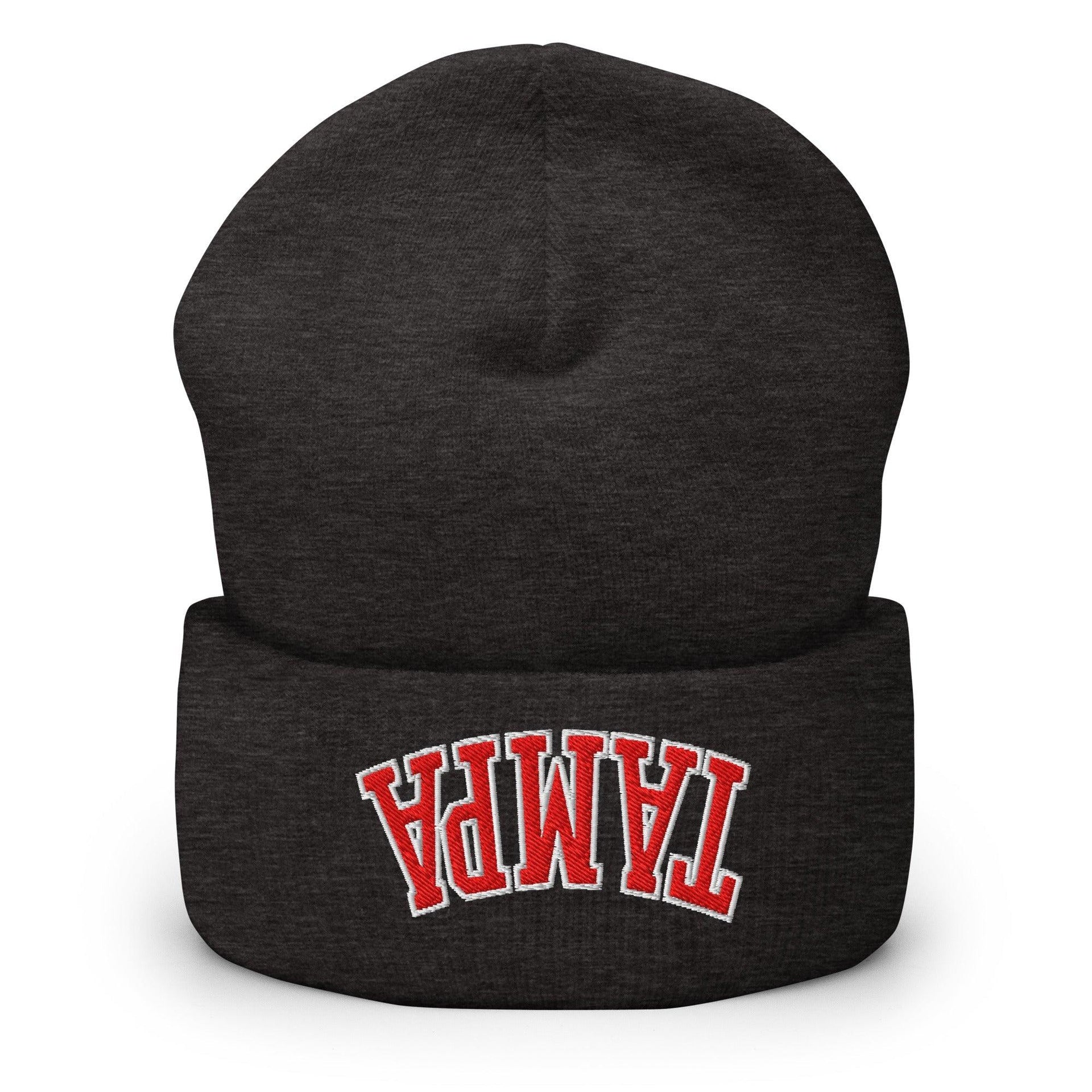 Upside Down Tampa Football Embroidered Knit Cuffed Beanie Dark Grey Beanies Capital Crowns FL Football Tampa