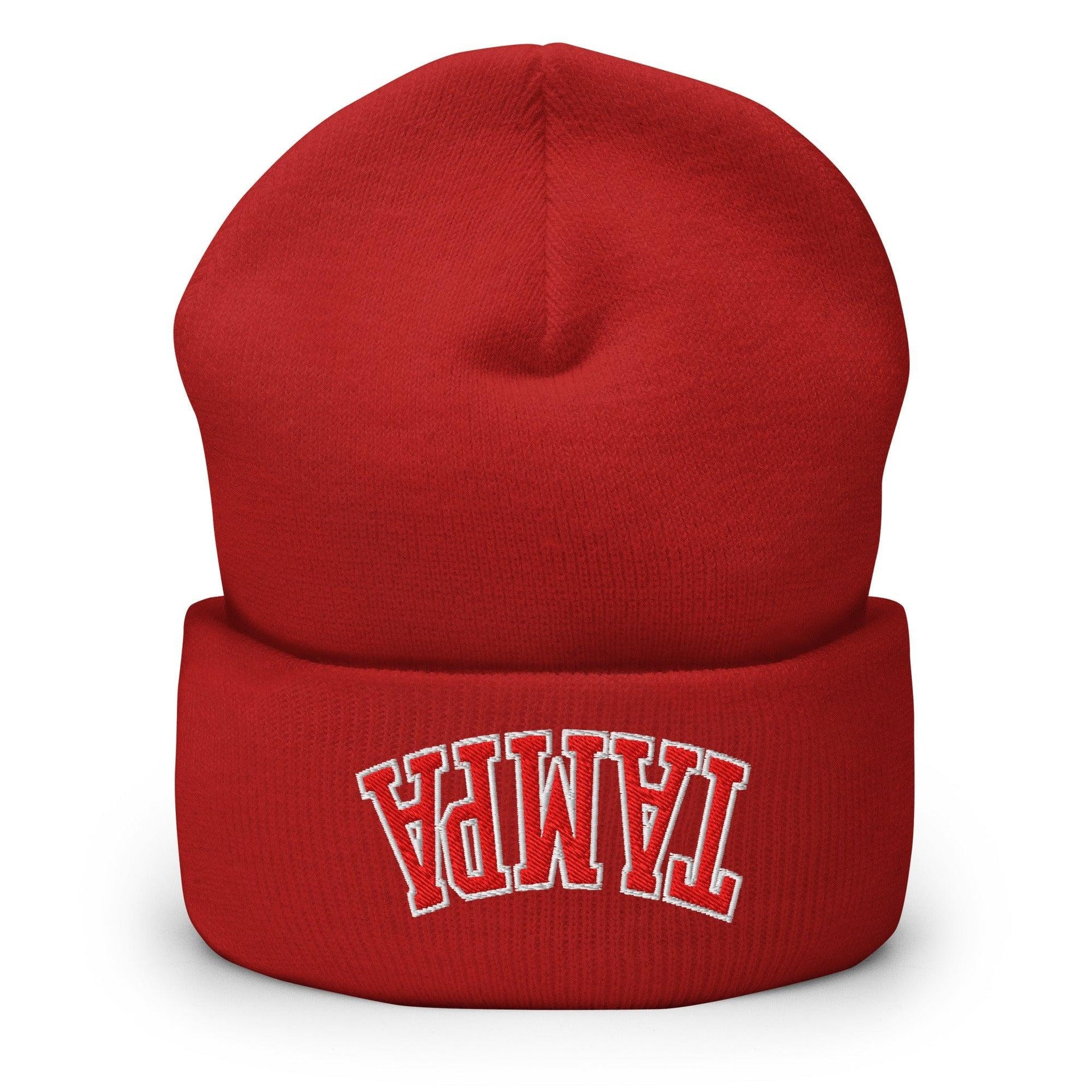 Upside Down Tampa Football Embroidered Knit Cuffed Beanie Red Beanies Capital Crowns FL Football Tampa