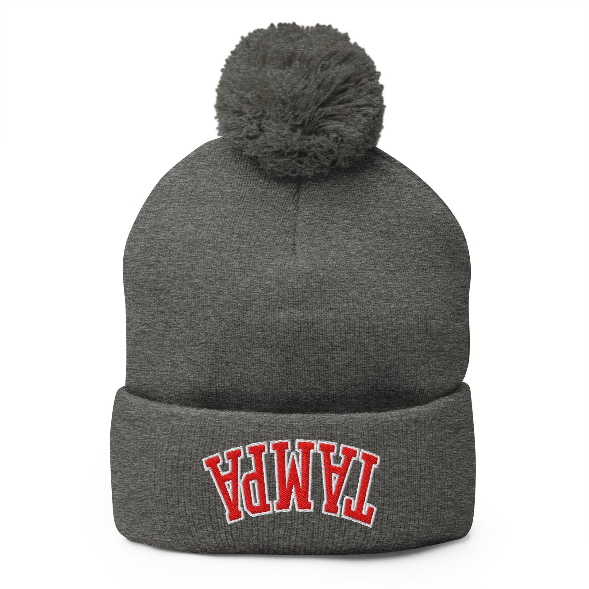 Upside Down Tampa Football Embroidered Knit Pom Pom Beanie Dark Heather Grey Beanies Capital Crowns FL Football Tampa