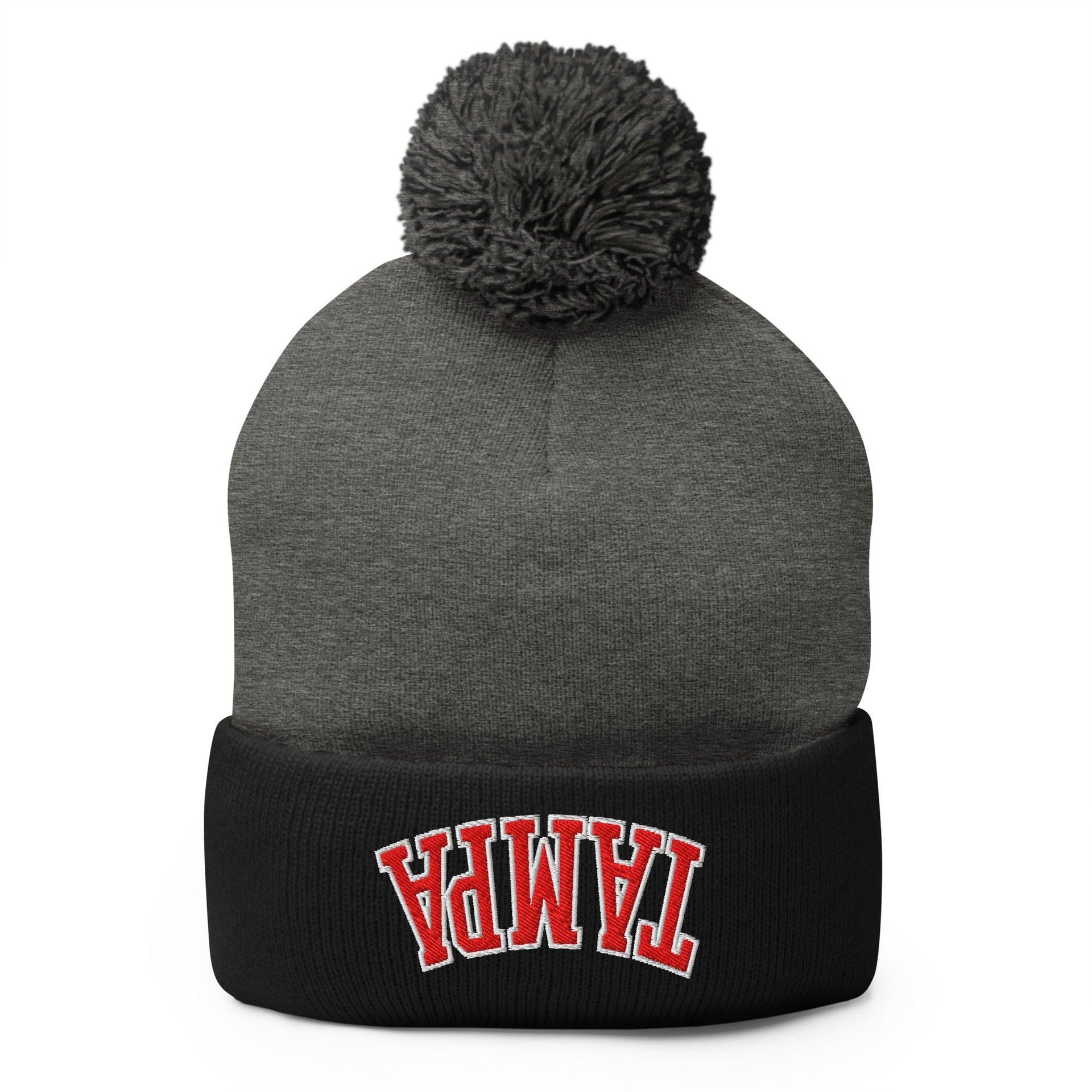 Upside Down Tampa Football Embroidered Knit Pom Pom Beanie Dark Heather Grey Black Beanies Capital Crowns FL Football Tampa