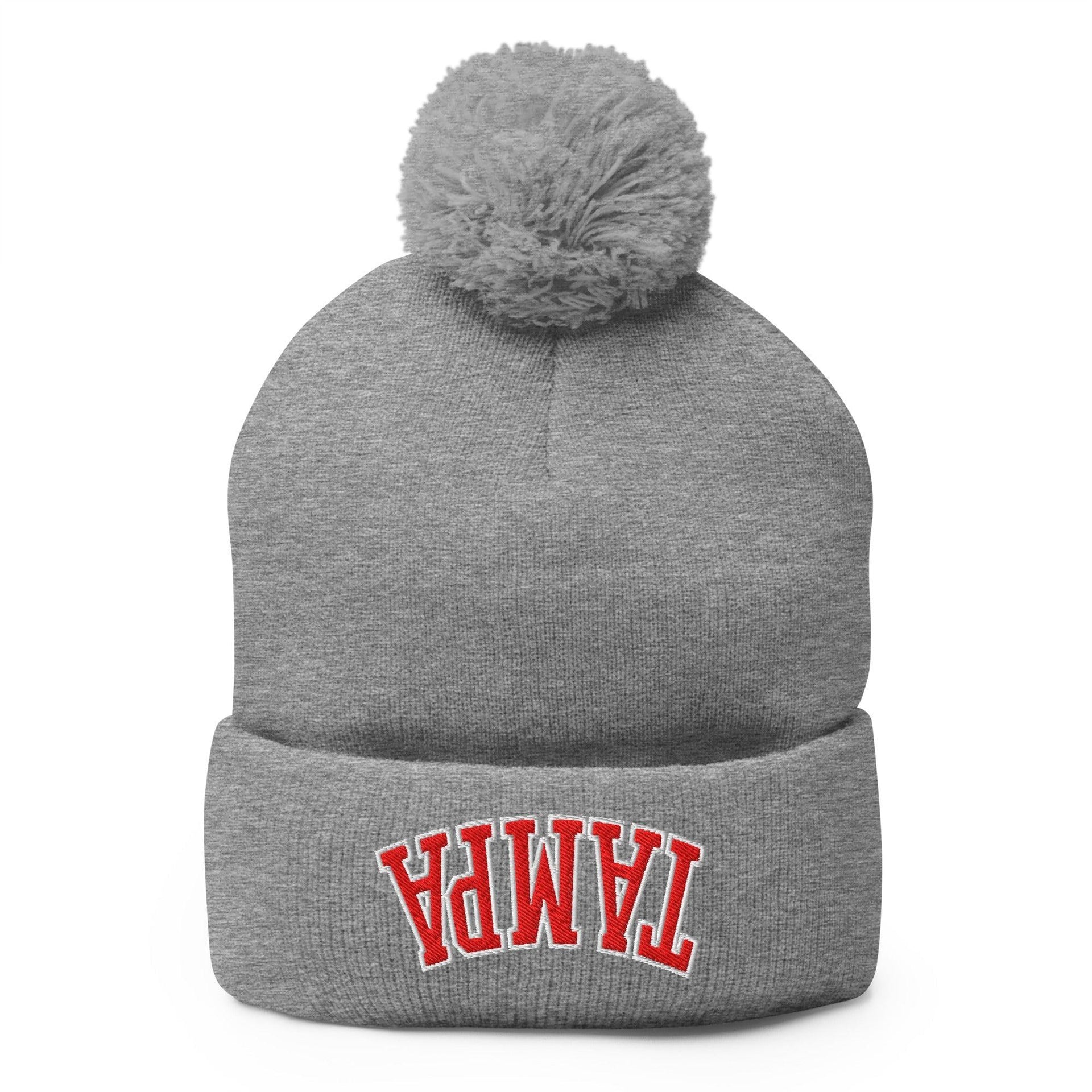 Upside Down Tampa Football Embroidered Knit Pom Pom Beanie Heather Grey Beanies Capital Crowns FL Football Tampa