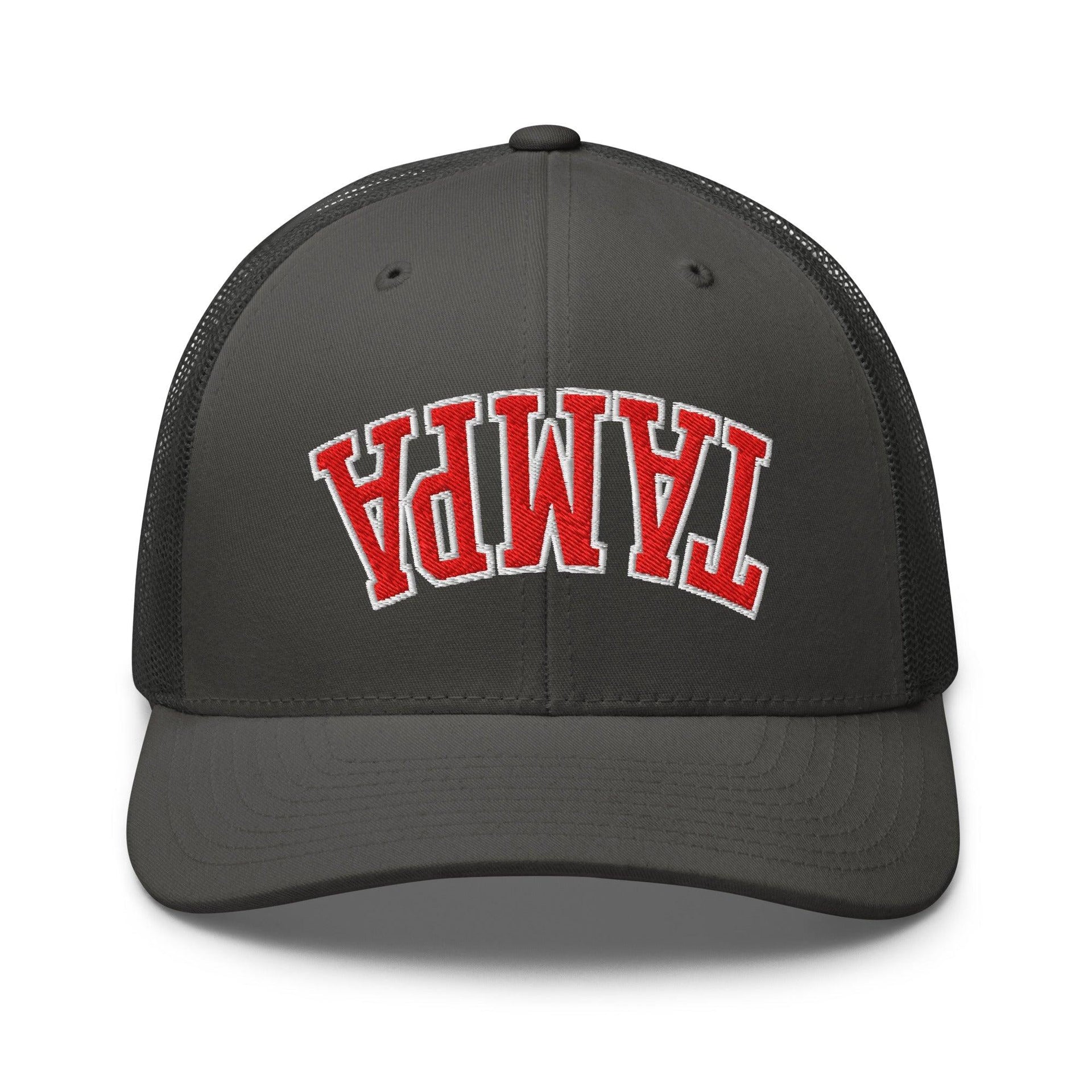 Upside Down Tampa Football Embroidered Mesh Trucker Hat Charcoal Capital Crowns FL Football Tampa Trucker Hats