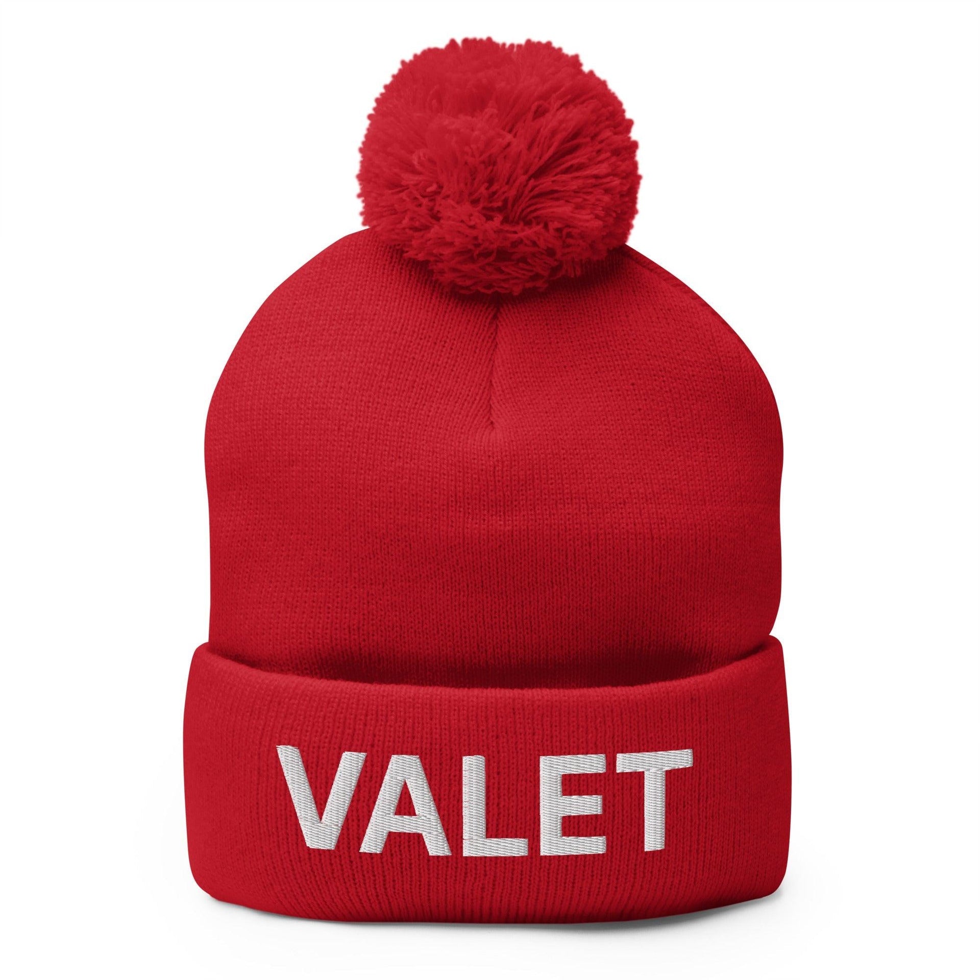 Valet Uniform Embroidered Knit Pom Pom Beanie Red Beanies Capital Crowns Work