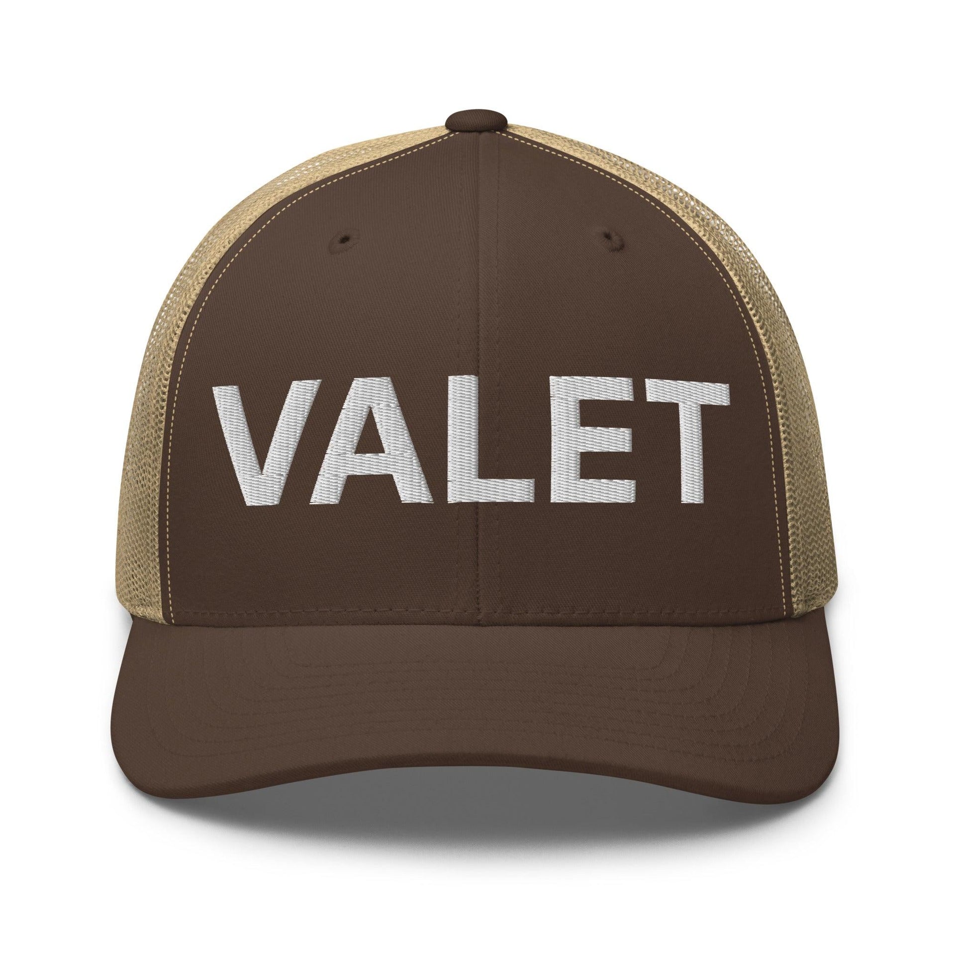 Valet Work Block Embroidered Mesh Trucker Hat Brown Khaki Capital Crowns Trucker Hats Work