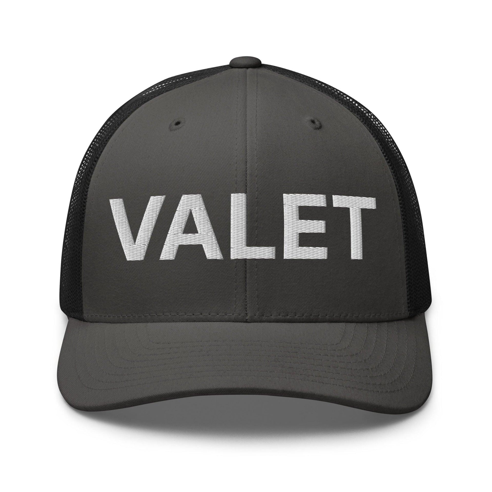 Valet Work Block Embroidered Mesh Trucker Hat Charcoal Black Capital Crowns Trucker Hats Work