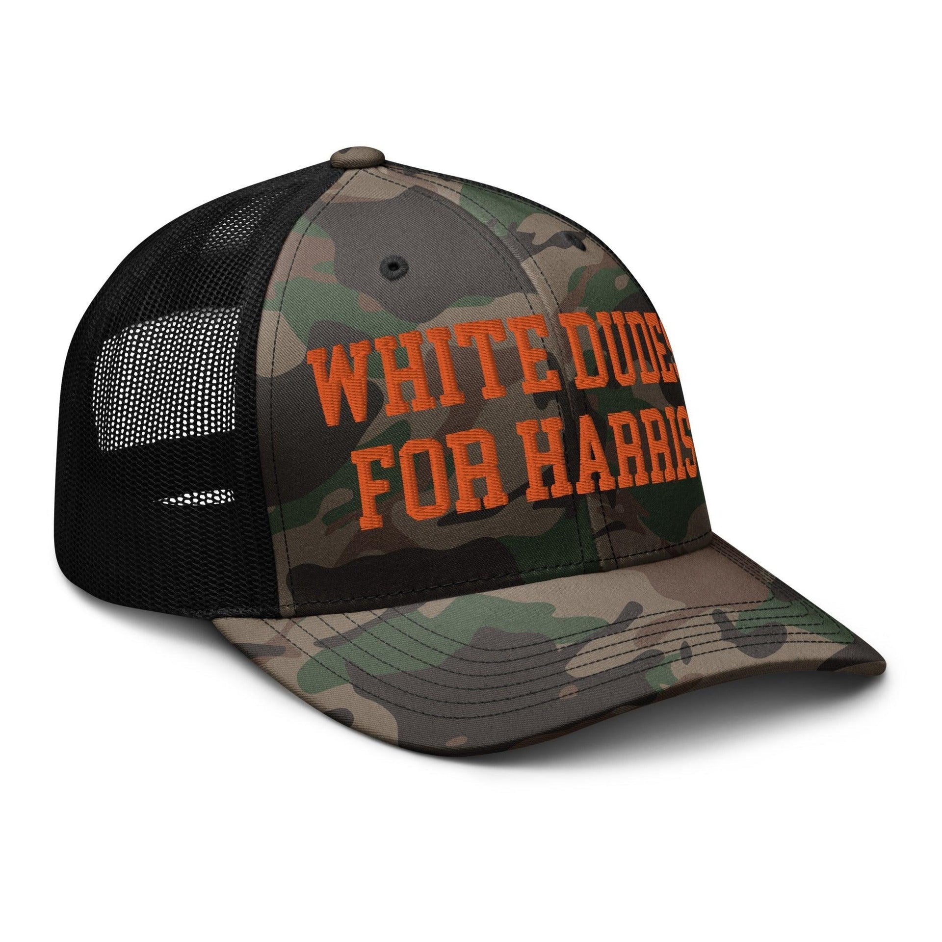 White Dudes For Harris Embroidered Camo Trucker Hat Orange Capital Crowns LADs Liberal Orange Camo Trucker Hats