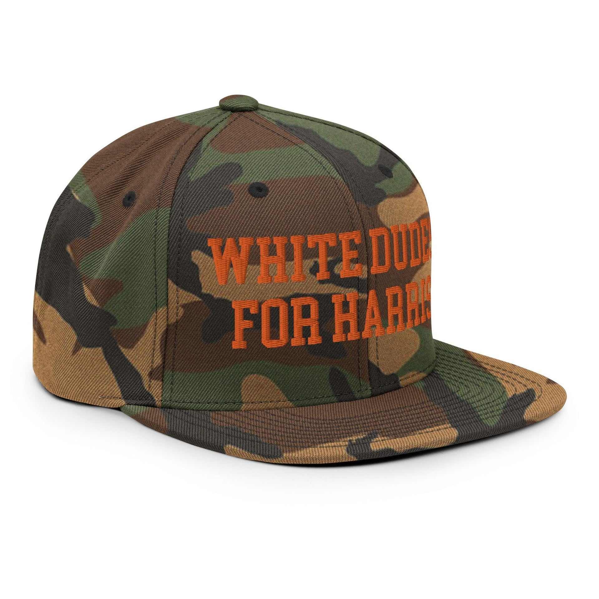 White Dudes For Harris Embroidered Flat Bill Brim Snapback Hat Orange Camo Capital Crowns Liberal Orange Camo Snapback Hats
