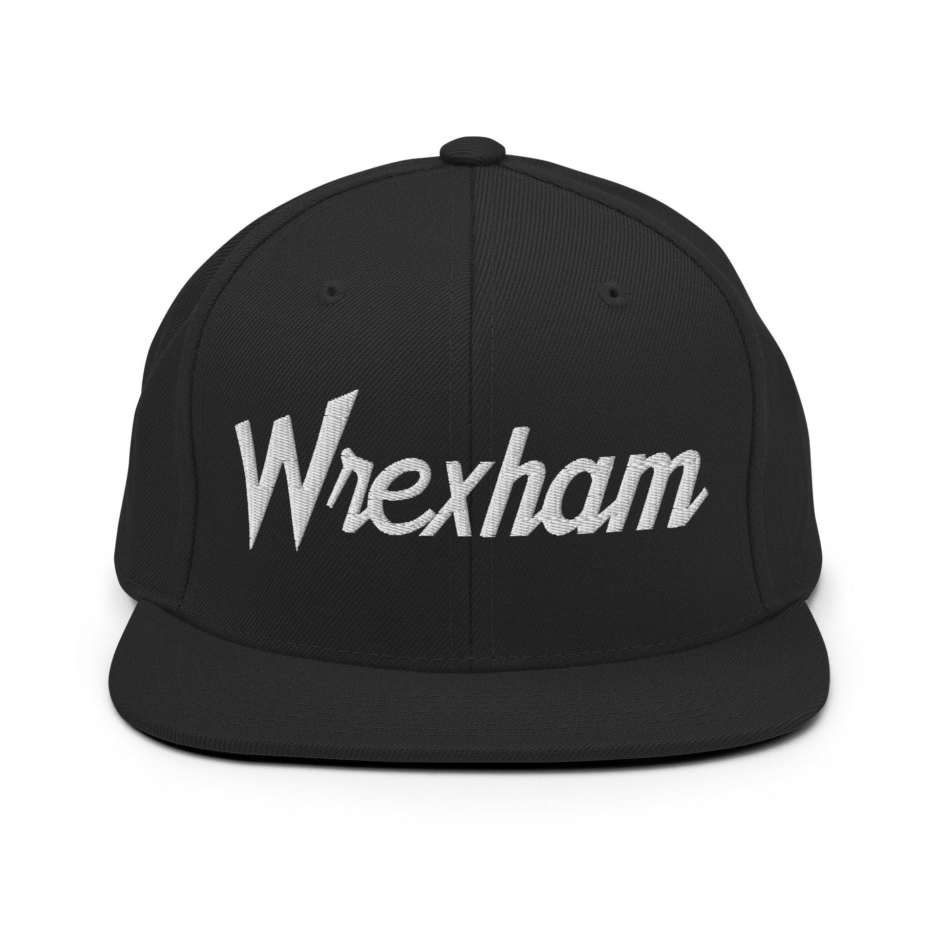 Wrexham Vintage Sports Script Bill Brim Snapback Hat Black Capital Crowns Funny Snapback Hats