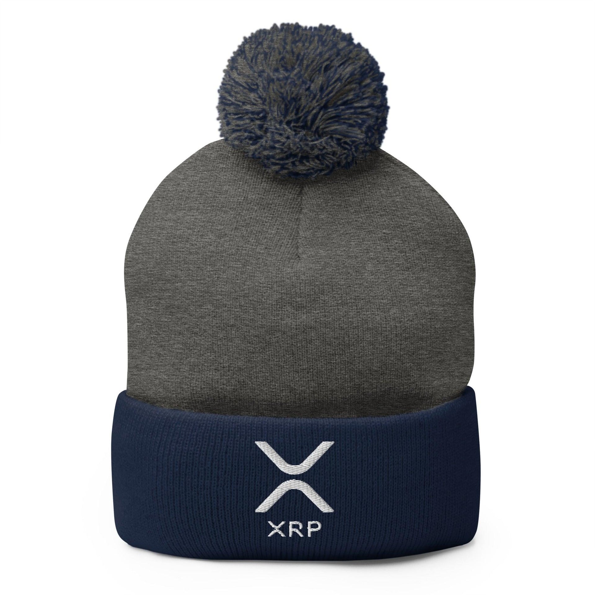 XRP Ripple Embroidered Knit Pom Pom Beanie Dark Heather Grey Navy Beanies Capital Crowns Crypto