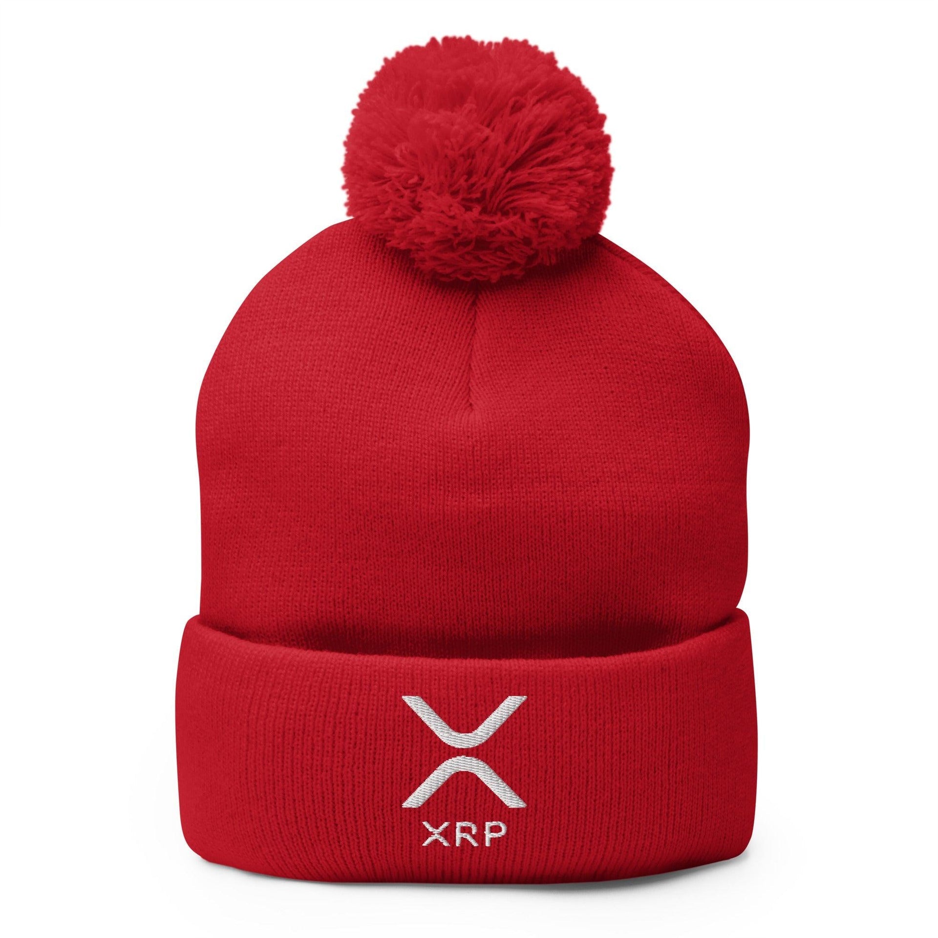 XRP Ripple Embroidered Knit Pom Pom Beanie Red Beanies Capital Crowns Crypto