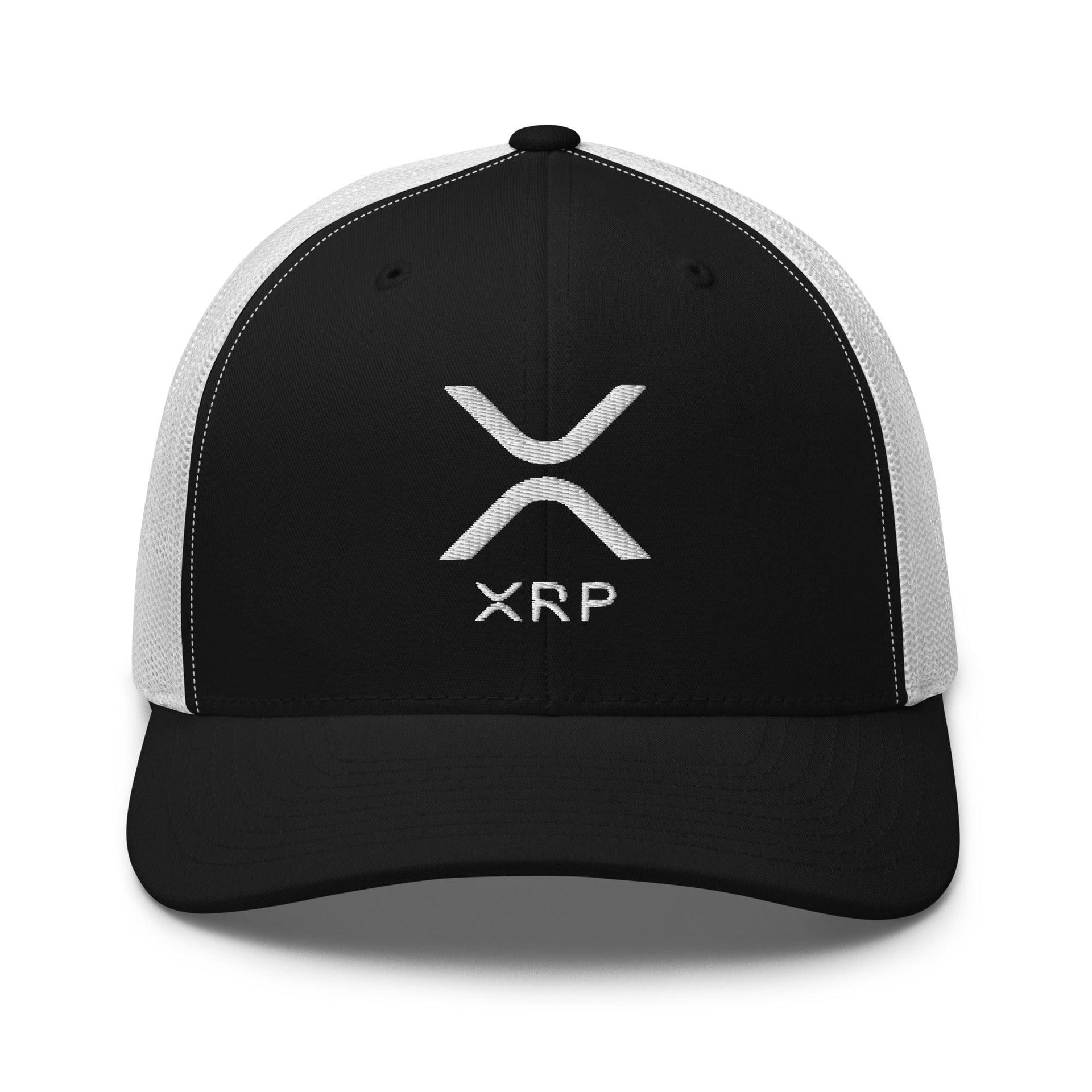 XRP Ripple Embroidered Mesh Trucker Hat Black White Capital Crowns Crypto Trucker Hats