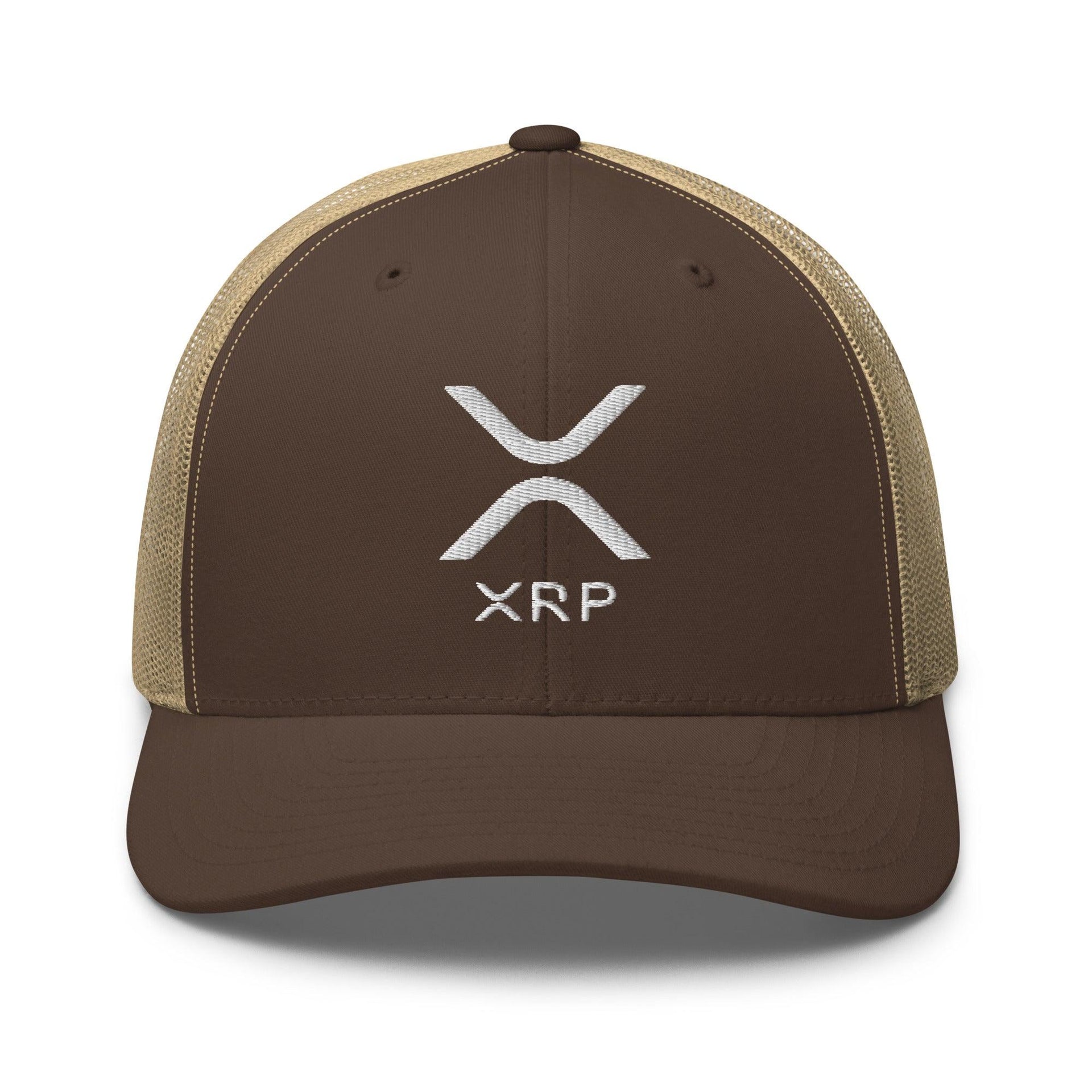 XRP Ripple Embroidered Mesh Trucker Hat Brown Khaki Capital Crowns Crypto Trucker Hats
