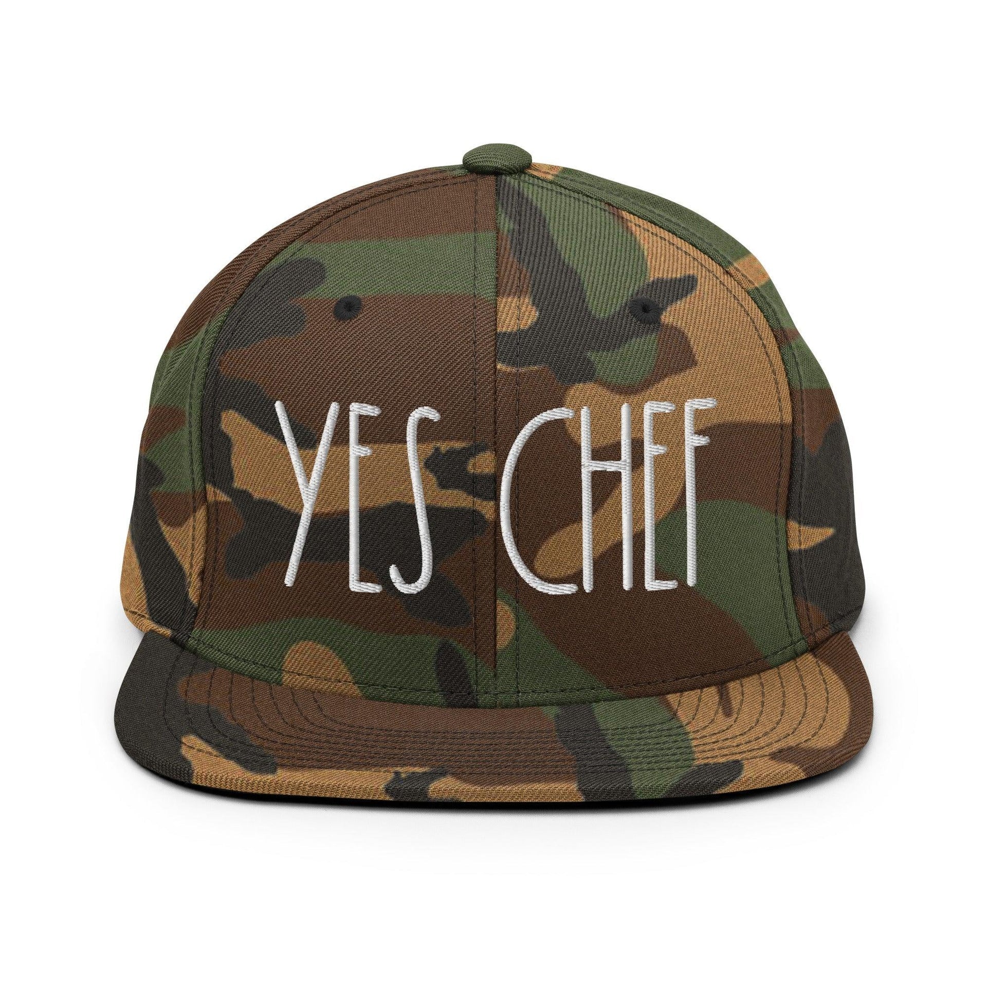 Yes Chef Bill Brim Snapback Hat Green Camo Capital Crowns Funny Snapback Hats